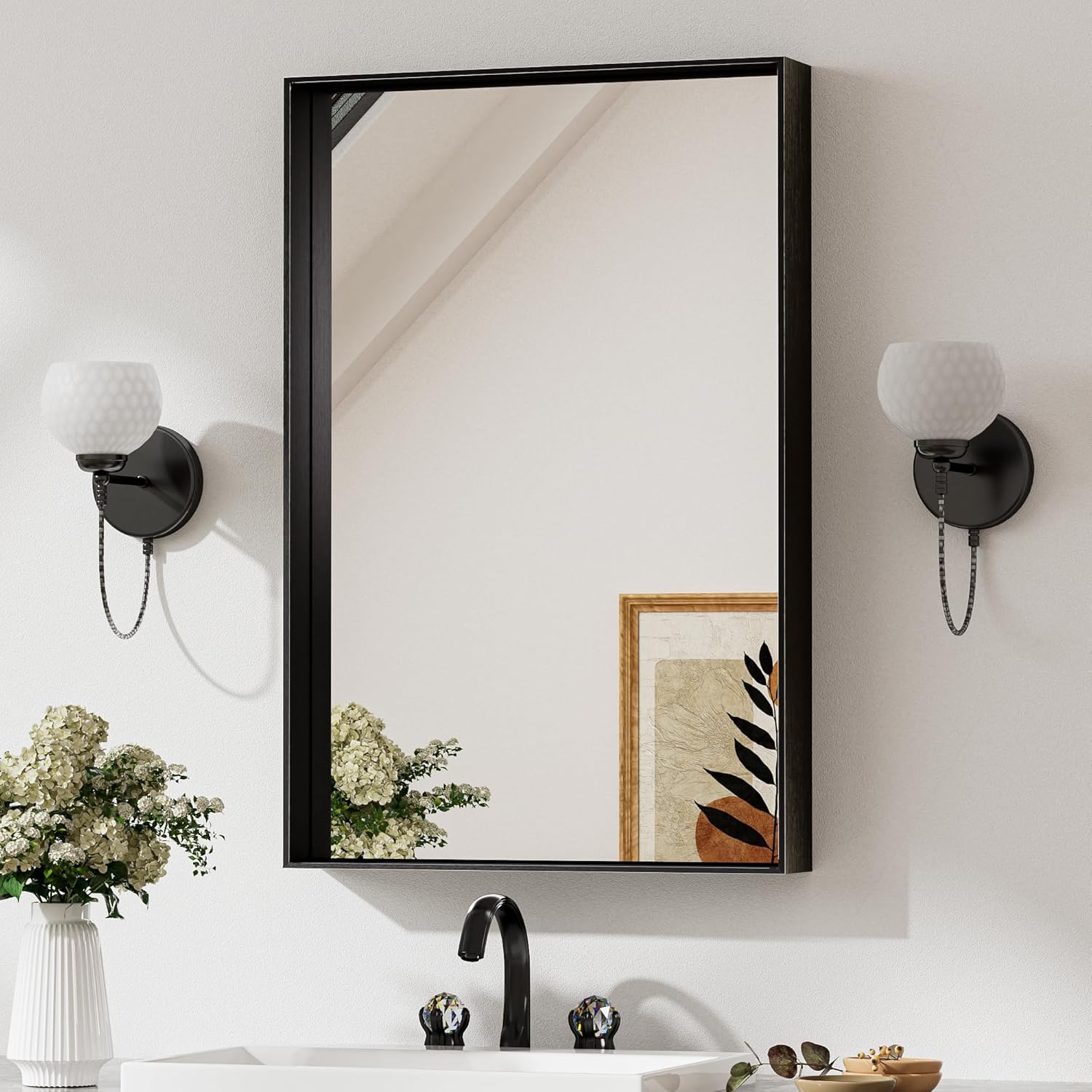 Keonjinn Black Vanity Mirror for Bathroom 20 x 30 Inch, Brushed Framed Rectangle Mirror, Wall Mount Mirrors Square Corner, Modern Farmhouse Bathroom Mirrors for Over Sink(Horizontal/Vertical)