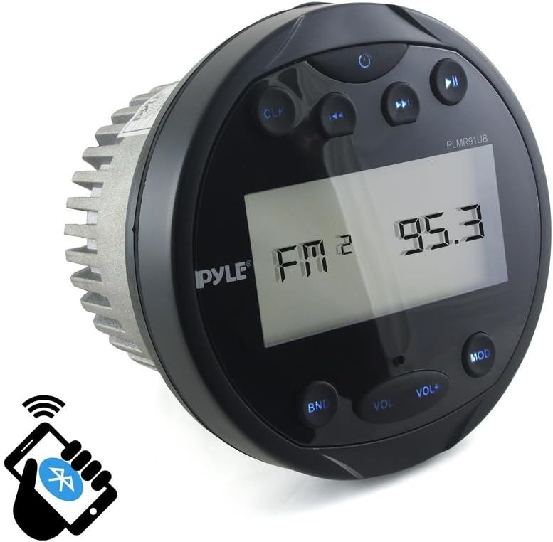 Pyle Round Waterproof Marine Stereo - 4x28 W Aquatic Boat In Dash Gauge Radio Receiver System with Bluetooth, AM FM, Digital LCD, USB, AUX, RCA - Includes Wiring Harness, Bracket - PLMR91UB (Black)