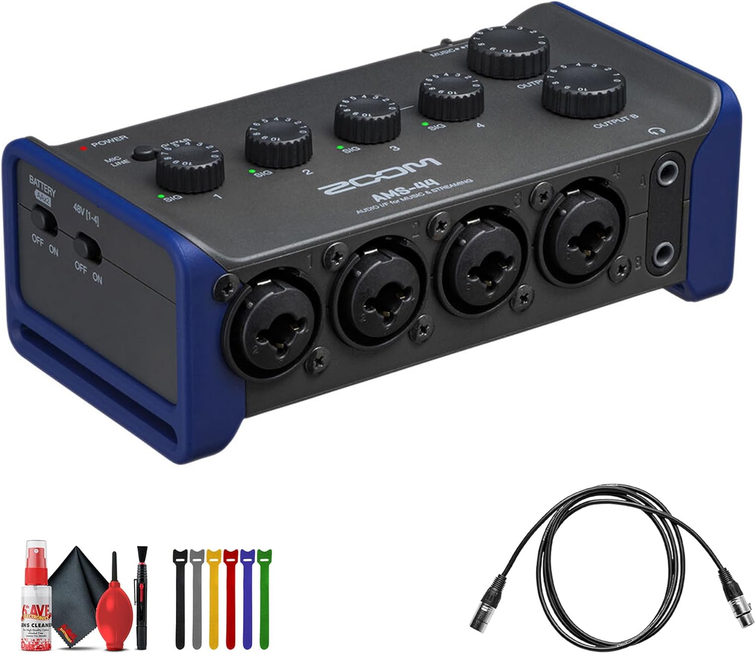 Zoom AMS-44 USB Audio Interface, 4 Inputs, 4 Outputs, Loopback, Direct Monitoring, Bus-Powered, for Recording and Streaming on PC, Mac, iOS, and Android Bundle With Cleaning kit + Straps + More