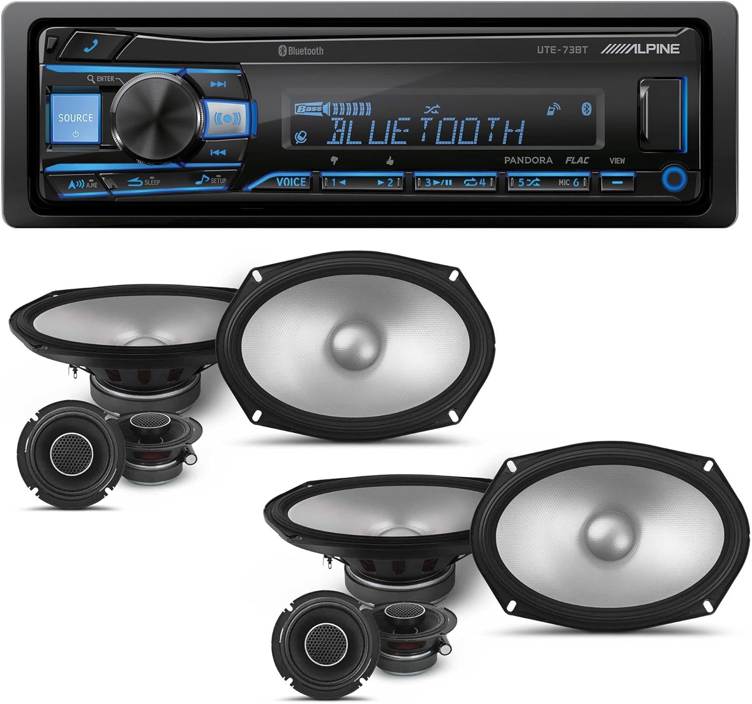 Alpine UTE-73BT Mech-Less Digital Bluetooth Media Receiver with 2 Pairs Alpine S2-S69C Type S 6x9 Component Speakers