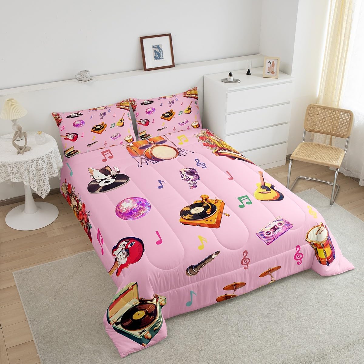 Colorful Music Notes Kids Comforter Set King Size,Guitar Bass Musical Instrument Theme Reversible Quilted Duvet with 2 Pillowcases Disco Style Phonograph Piano Pink Comforter for Boys Teens Bedroom