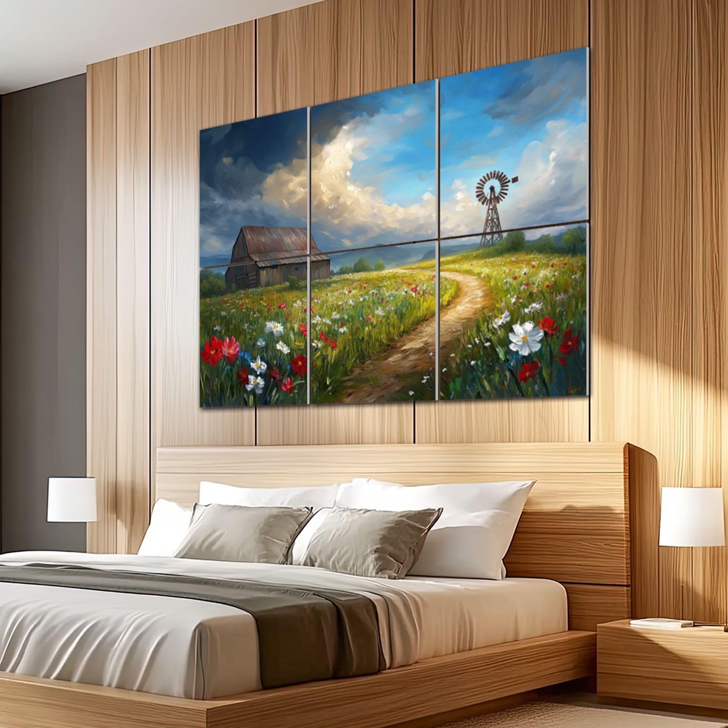 6 Pack Art Acoustic Panels Sound Absorbing Rustic Farmhouse Wooden Country Meadow Landscape Blue Sky Wild Flowers Decorative Soundproof Wall Panels Self Adhesive for Recording Studios Office 72