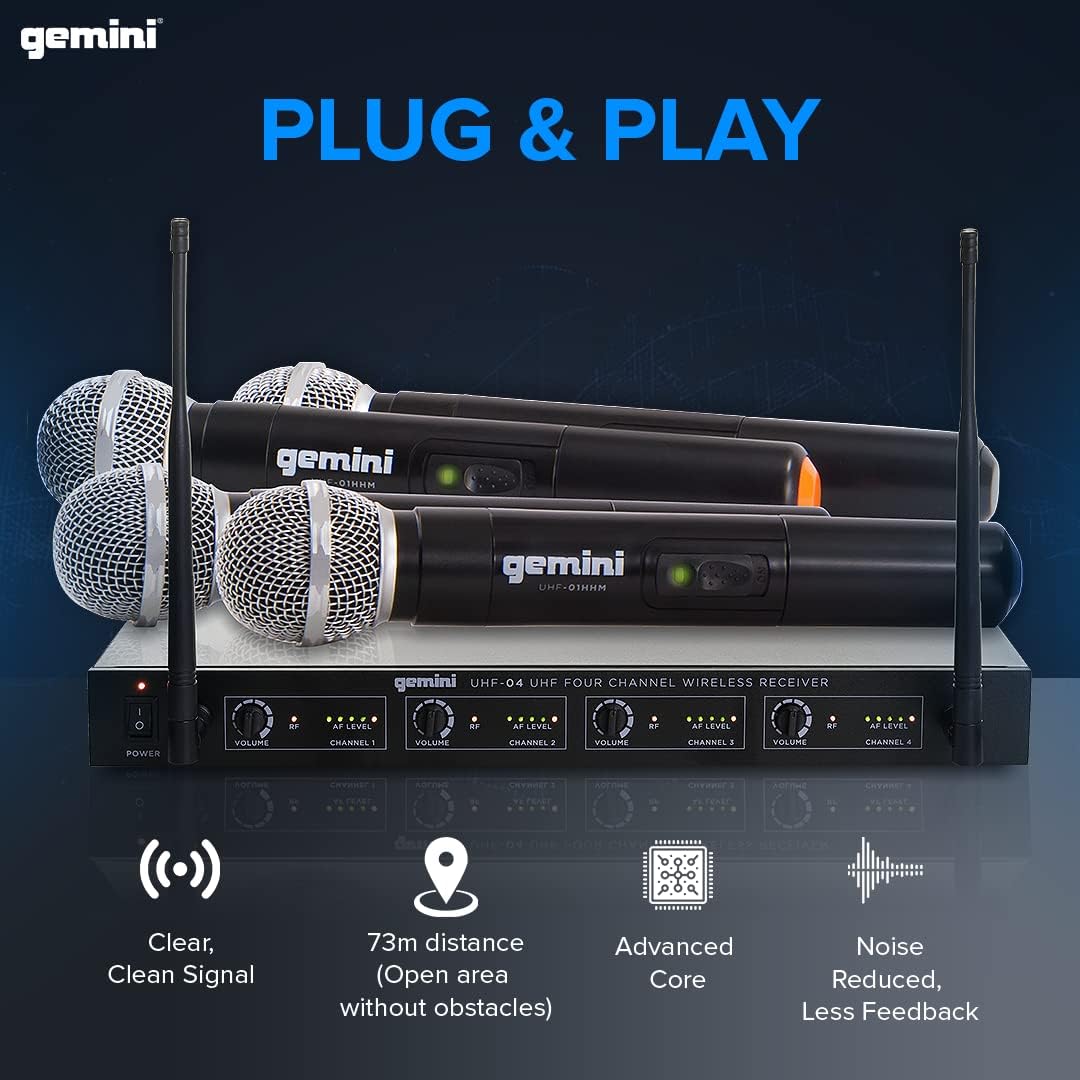 Gemini Sound UHF-04M Wireless Cordless Professional Set of 4 Handheld Microphones and Receiver for DJ, Karaoke, Stage Performance or PA System Four Pack