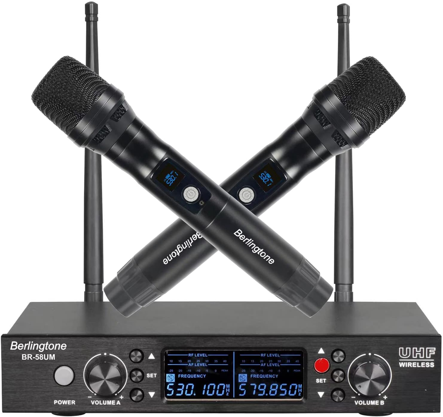 -Berlingtone Wireless Microphone System, 2 Handheld Dynamic Microphones,120- Adjustable Frequency Channel, Metal case & mic, for Karaoke, Meeting, Party, Church, DJ, Wedding, up 260ft Range (BR-58UM)