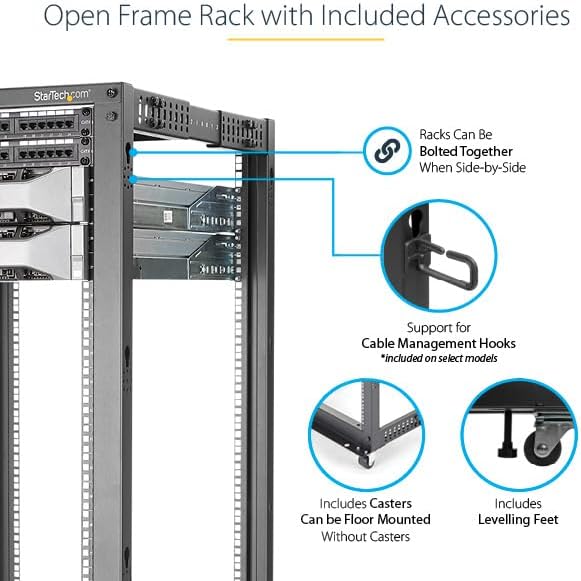 StarTech.com 4-Post 25U Mobile Open Frame Server Rack, 19in Network Rack with Wheels, Rolling Rack for Computer/AV/Data/IT Equipment - Casters, Leveling Feet or Floor Mounting (4POSTRACK25U)