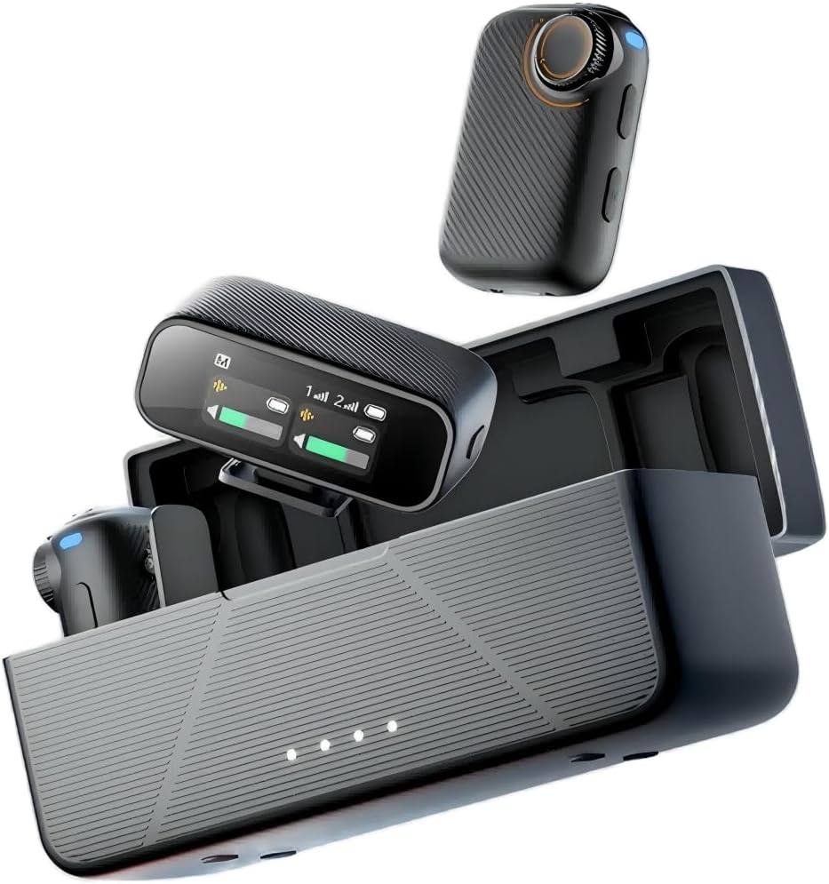 Wireless Lavalier Microphone (2 TX + 1 RX + Charging Case), Intelligent Noise Reduction, 24-bit/48kHz Sampling Rate, 820 ft.(250m) Range, Mini Bluetooth Mic for iPhone/Android/Ipad/PC/Camera