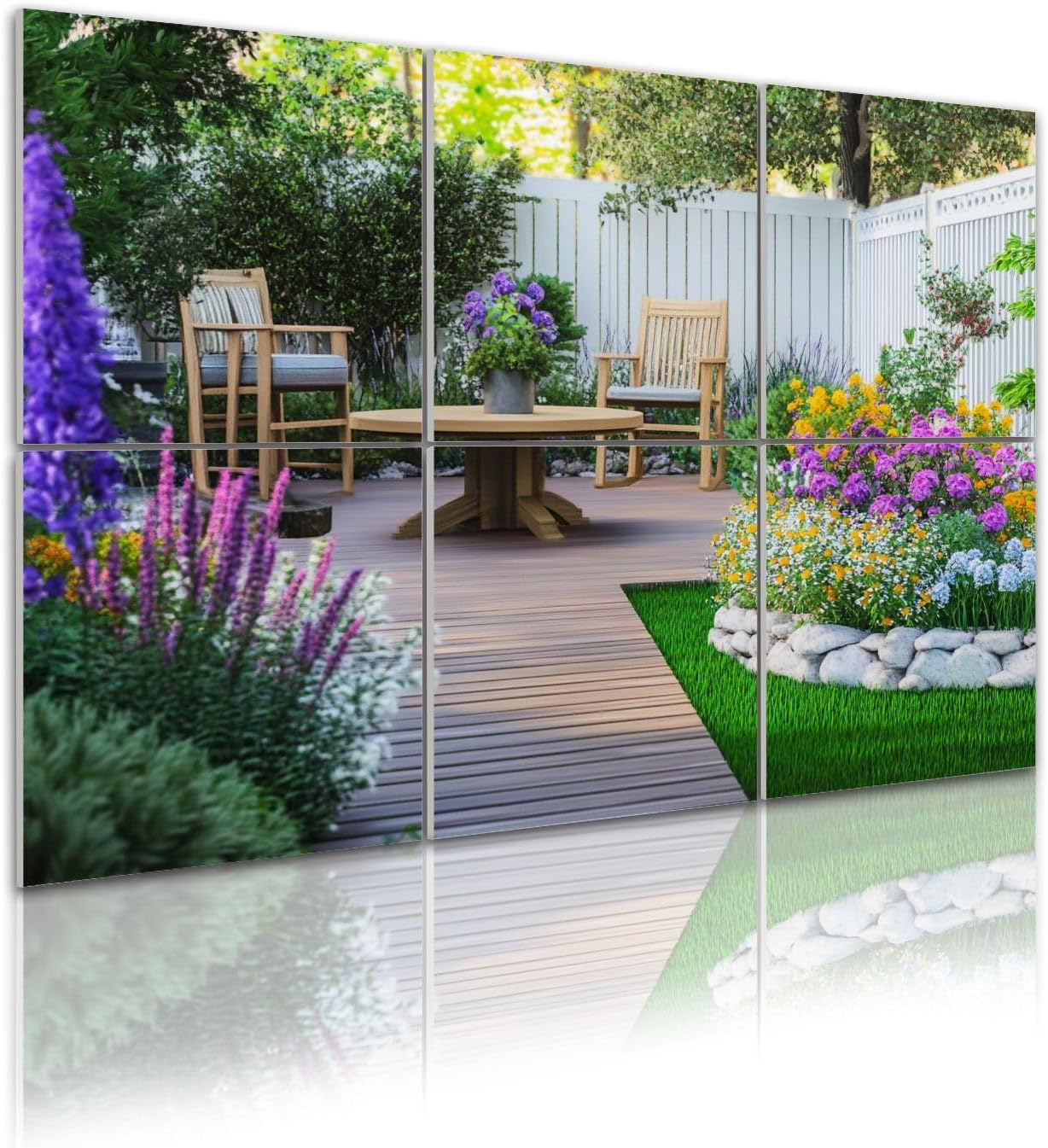 6 Pack Art Acoustic Panels Wooden chairs plank terrace luxury colorful backyard garden 3d render Sound Absorbing Panel 48