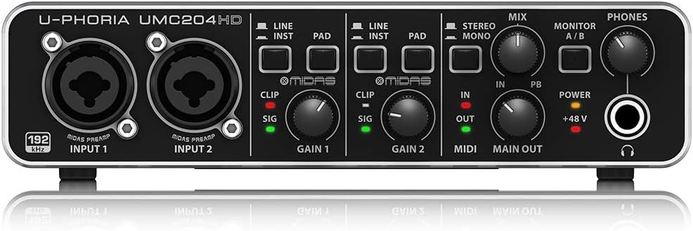 Behringer UMC204HD Audiophile 2x4 USB Audio Interface with Midas Preamps & Audio-Technica AT2020 Cardioid Condenser Studio XLR Microphone