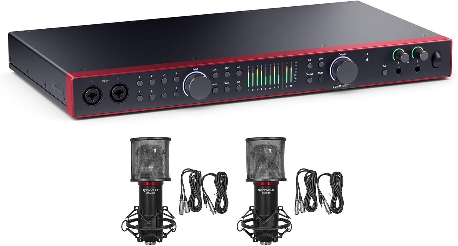 Audiosavings Bundle: Focusrite SCARLETT 18I20 4G 4th Gen 24-bit 192 kHz Audio Recording Interface Bundle with (2) Rockville RCM SR Studio/Recording Condenser Microphone (3 Items)