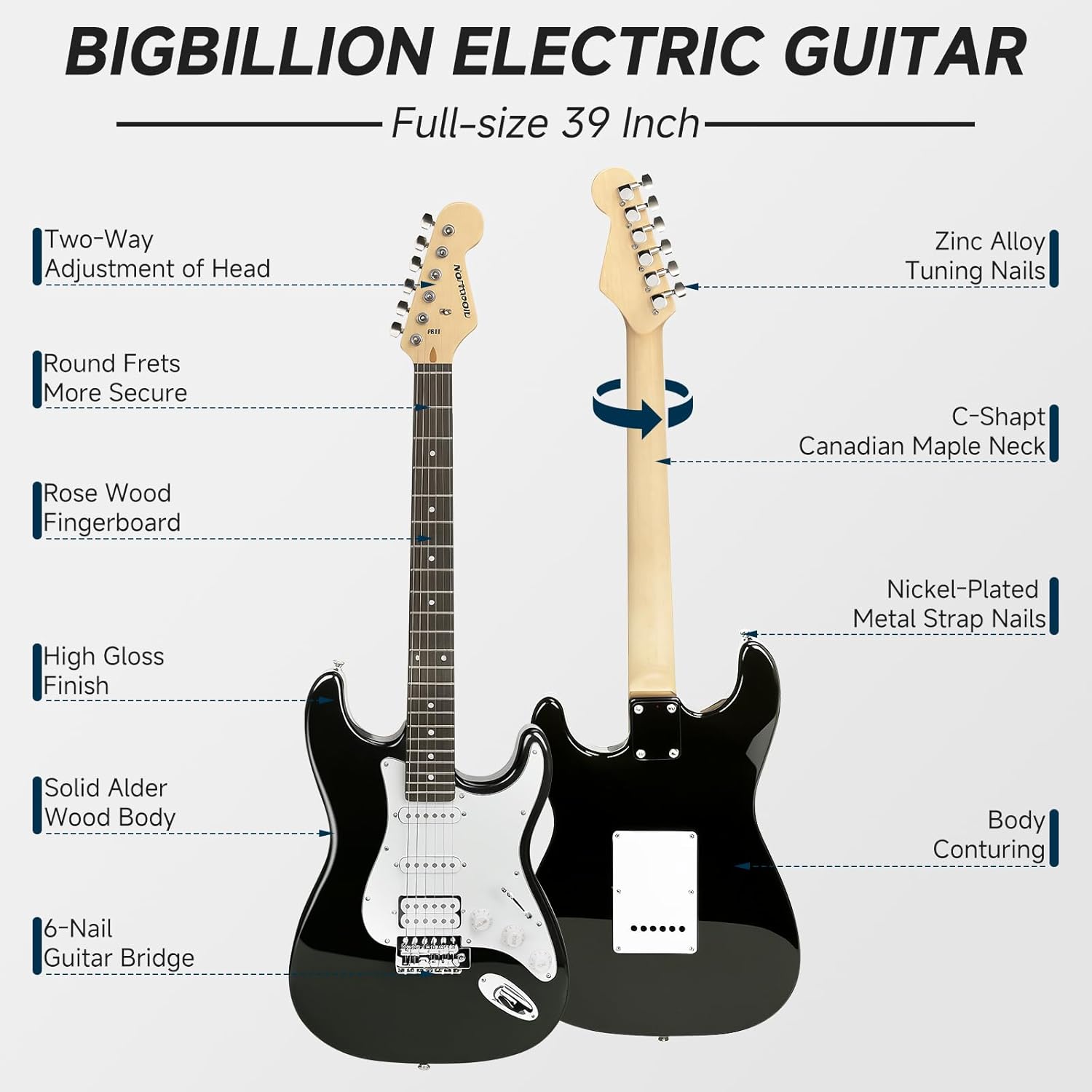 39 Inch Electric Guitar Solid Body Full Size HSS Electric Guitar Beginner Kit for Starter, with Amplifier, Bag, Capo, Strap,Cable, Picks, Black