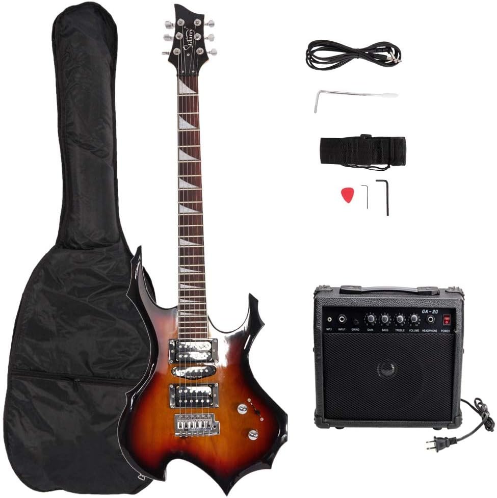 GLARRY Electric Guitar Buring Flame Design HSH Pickup for Beginner Right Hand with 20W AMP, Cable, Strap, Bag, Tremolo Arm and Accessories (Sunset)