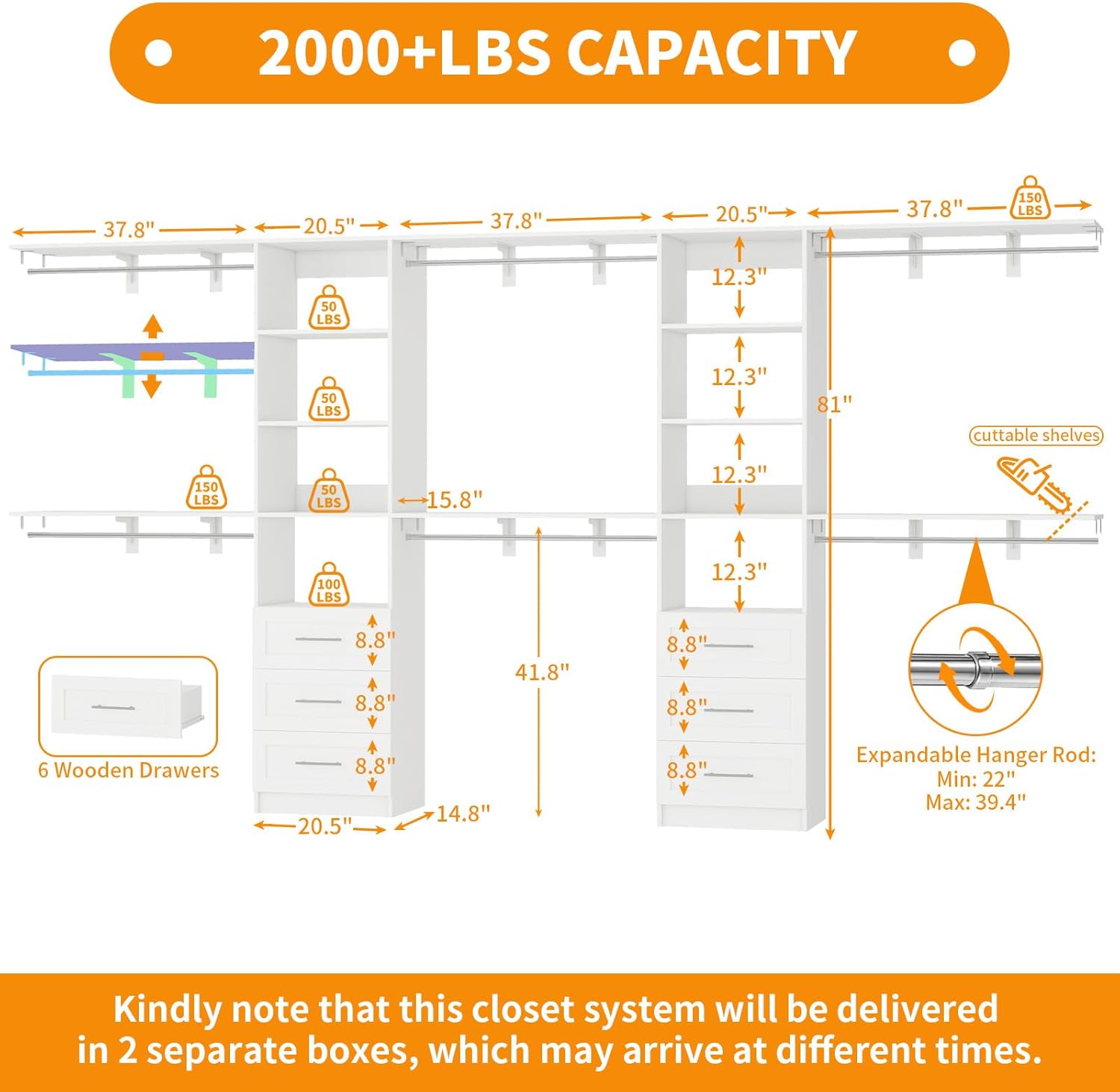 Closet System with Drawers, 8FT-12FT Closet Organizer System 96