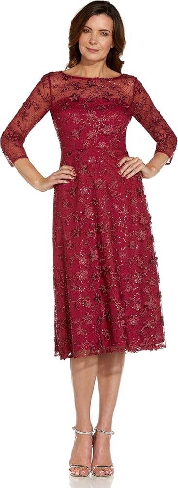 Adrianna Papell Womens Sequin Embroidery Flared Midi