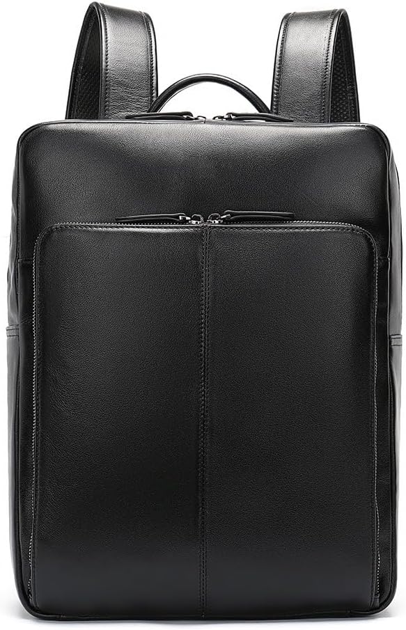 Genuine Leather Backpack Large Capacity Laptop Bag for Travel Business Office with Multi-Pocket Organizer Gift Box (Black)