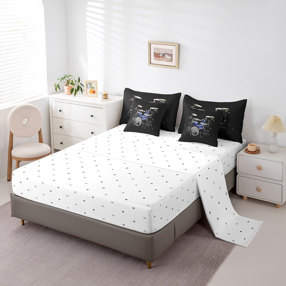 Feelyou Queen Comforter Set 7 Pcs Drum Kit Bed in a Bag for Girls Boys Children Rock Music Themed Bedding Set Modern Musical Comforter Instruments Print Bed Set with Sheets, Pillowcases, Pillow Covers