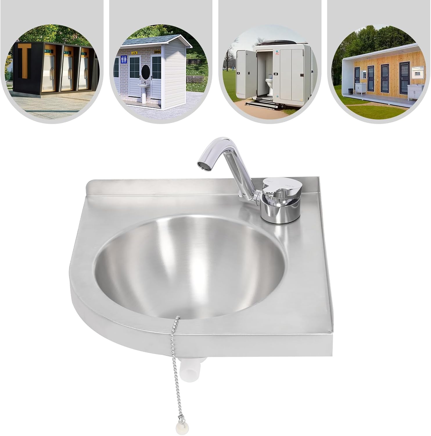 Triangular Stainless Steel Sink, Bathroom Water Channel Wall Mount Corner Small Sink, Wall-mounted Corner Trough Mini Kitchen Basin w/Faucet, Drain Plug, Hose for Kitchen Bathroom