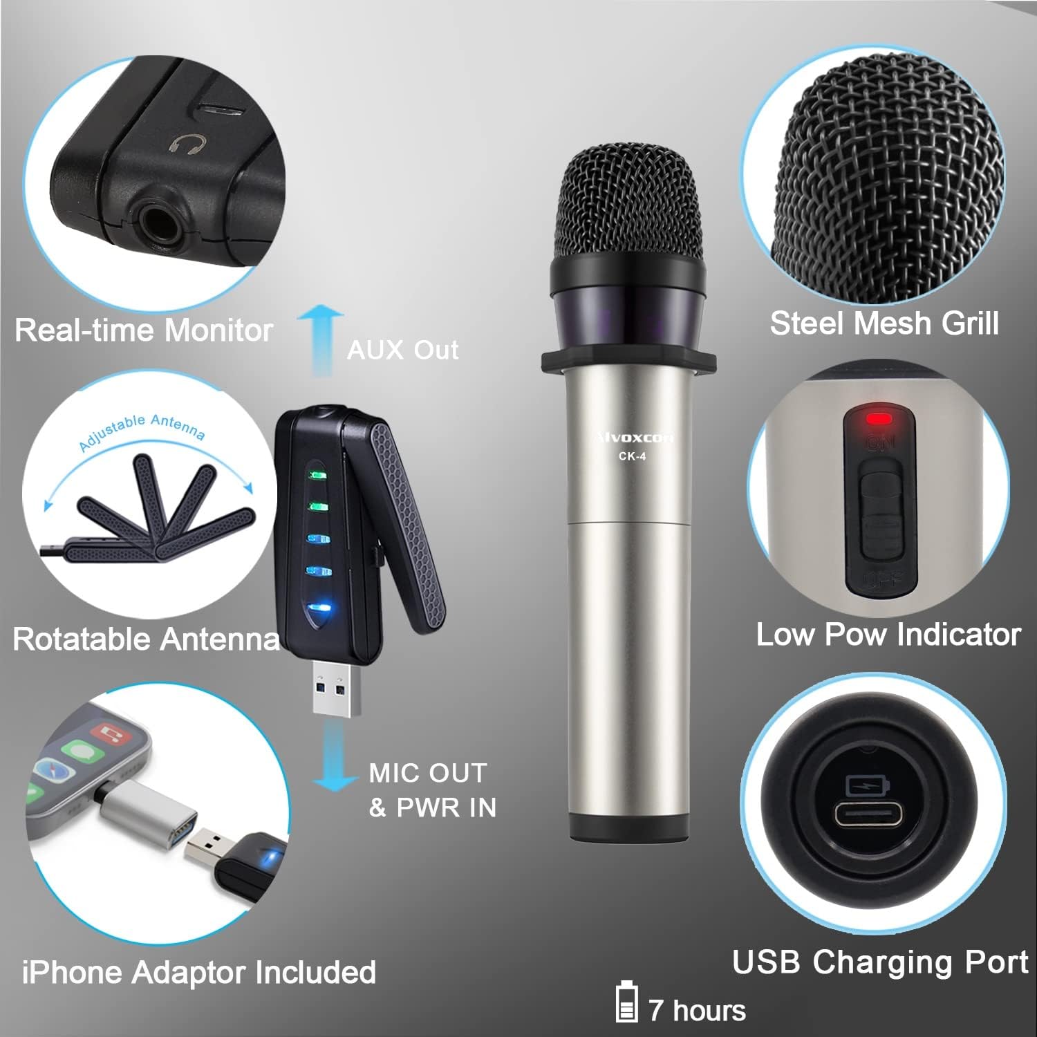 Alvoxcon USB Wireless Microphone, UHF Condenser mic for Android, PC Computer, Laptop, PA, Podcasting, Vlogging, YouTube, Vocal Recording, Gaming, Singing Practice (System with USB Receiver)