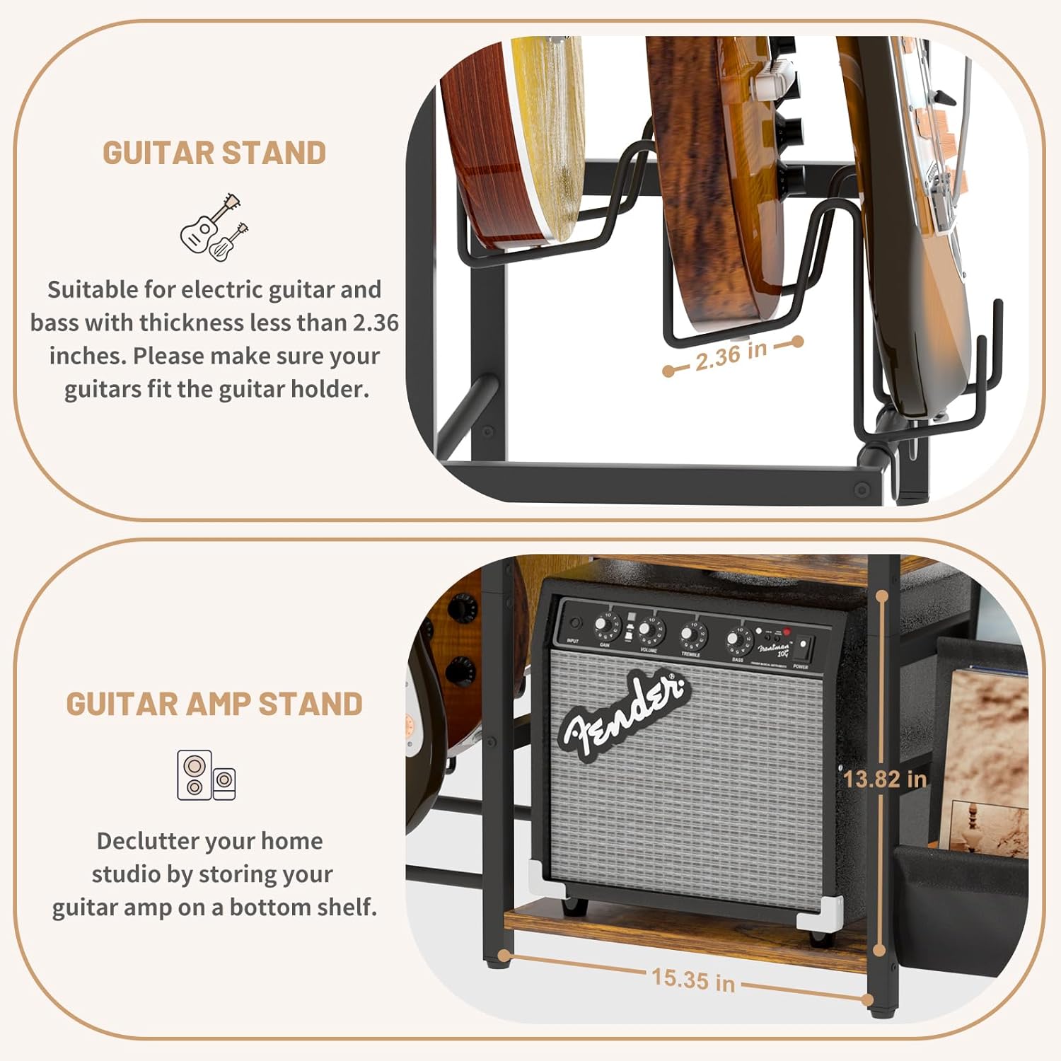 Bikoney Record Player Stand, Guitar Stand for Acoustic, Electric Guitar, Bass with Amp Stand, 3-Tier Vinyl Record Storage Up to 200 Albums, Record Player Table for Record Player, Speaker, Amplifier (3 guitar stand, Brown)