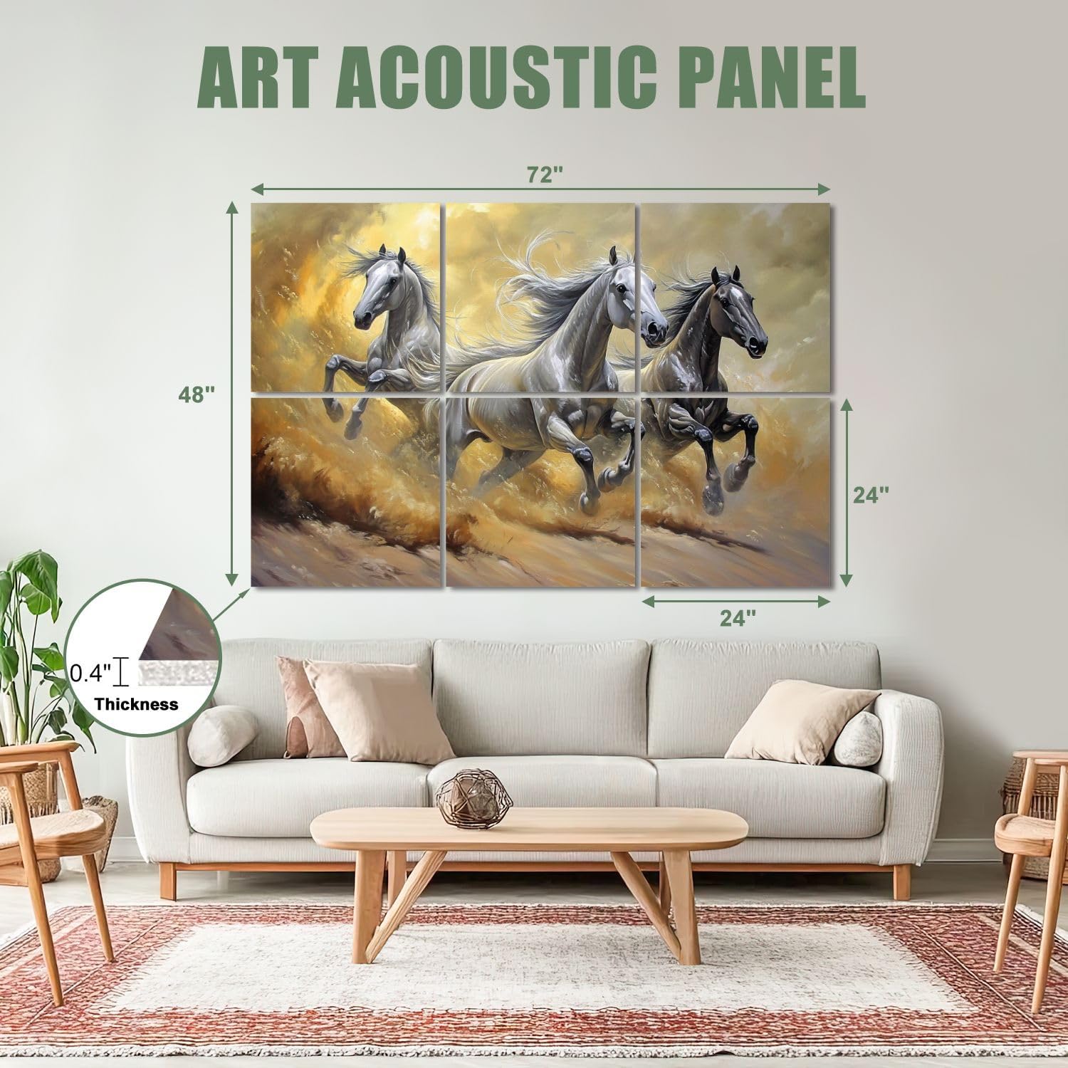 6 Pack Art Acoustic Panels Sound Absorbing Animal Pictures Desert Running Horses Galloping Flowing Manes Dust Decorative Soundproof Wall Panels Self Adhesive for Recording Studios Office 72