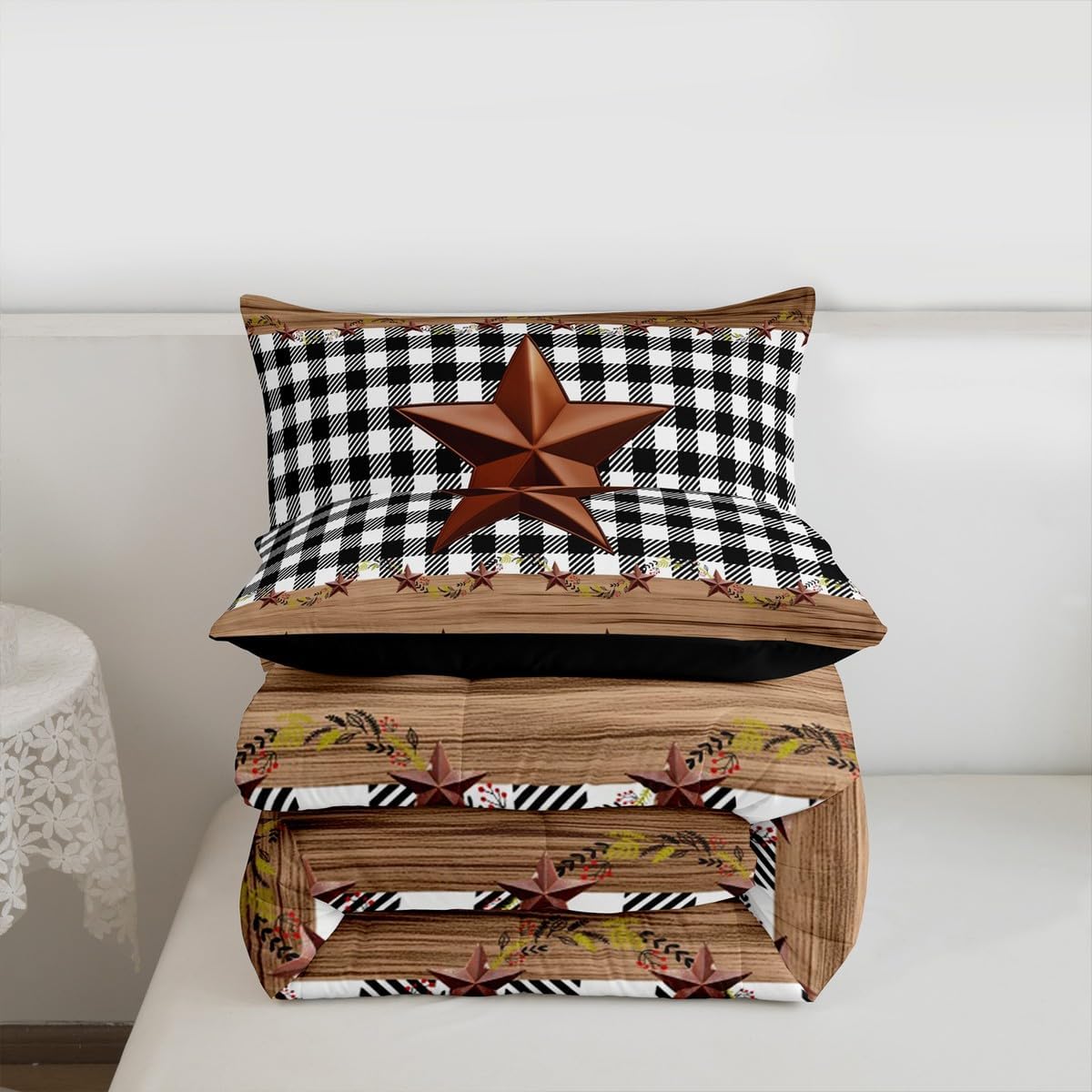 Western Texas Star Comforter Set King, Farmhouse Black Plaid Bedding, Brown Vintage Country Star Bedding Comforter Sets, Retro Rustic Checked Grid Bedroom Decor Wooden Grain Quilt For Kids Boys Girls
