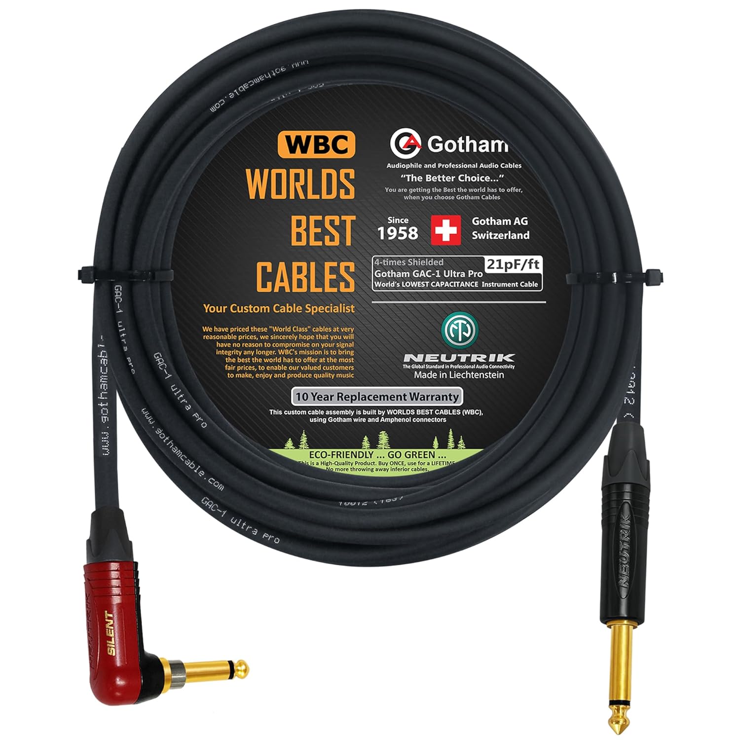 WORLDS BEST CABLES 50 Foot - Gotham GAC-1 Ultra Pro - Premium Low-Cap (21 pf/F) Guitar Bass Instrument Cable w/Neutrik Gold Straight to Angled (Silent Plug) ¼ inch (6.35mm) TS Plugs - Custom Made