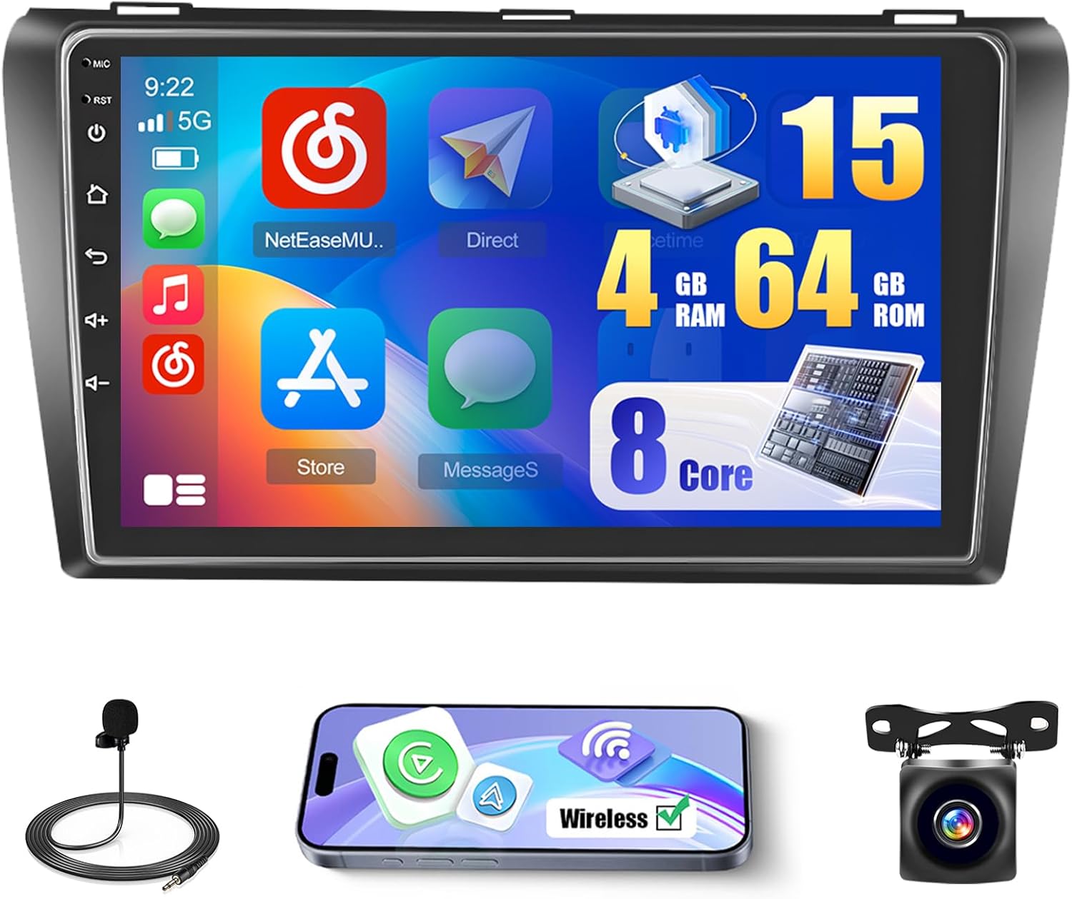 [8 Core 4+64GB] Android 15 Car Radio for Mazda 3 2006-2012 with Wireless Carplay Android Auto, 9 Inch HD Touchscreen Car Stereo with GPS WiFi Bluetooth5.0 FM/RDS EQ DSP 59UI SWC