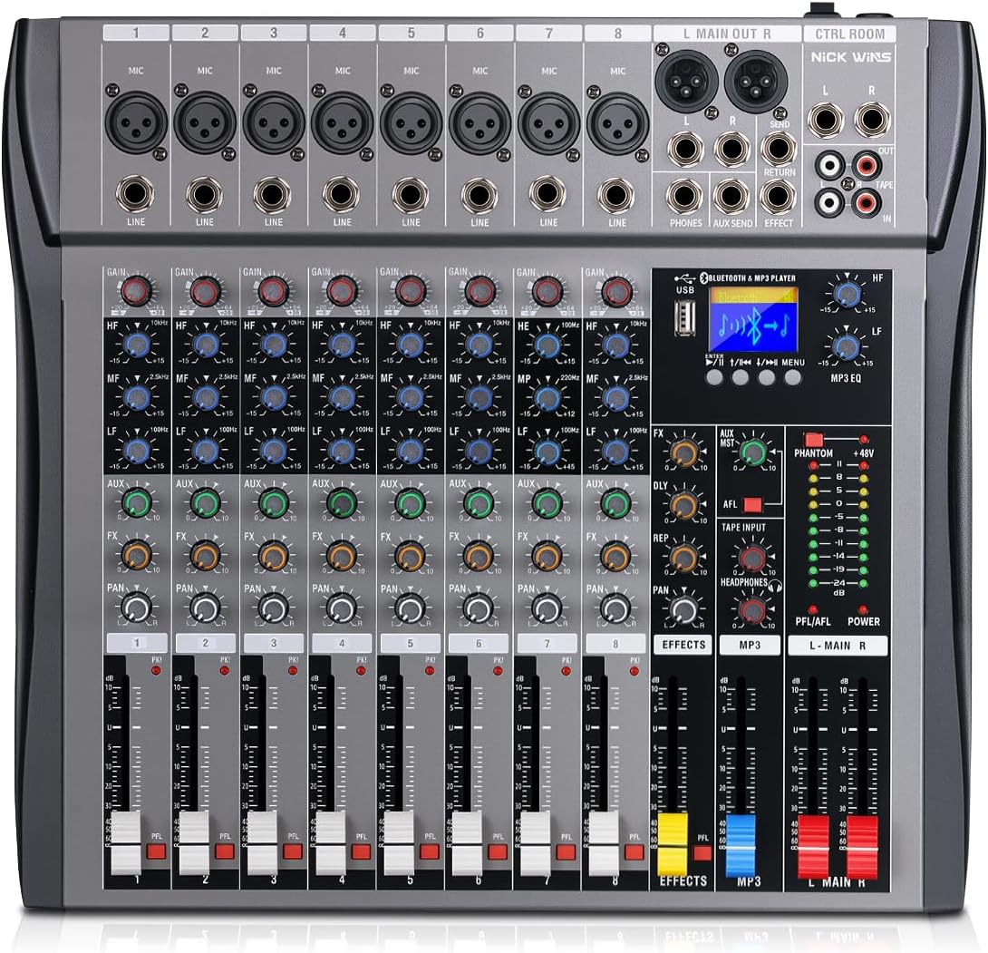 8 Channel mixer professional Audio Mixer, dj mixer with Individual Channel Control and USB Audio Recording & Editing via Computer, All-Metal mezcladora para dj (8 Channel)