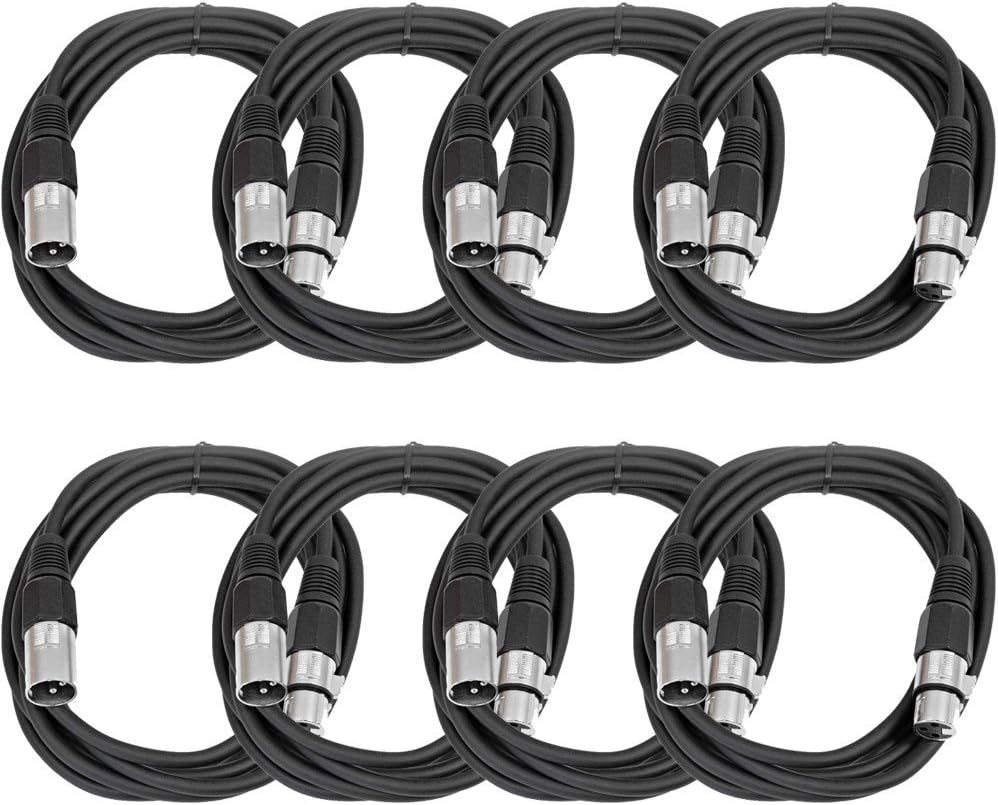 SEISMIC AUDIO - SAXLX-10 - 8 Pack of 10' Black XLR Male to XLR Female Patch Cables - Balanced - 10 Foot Patch Cords