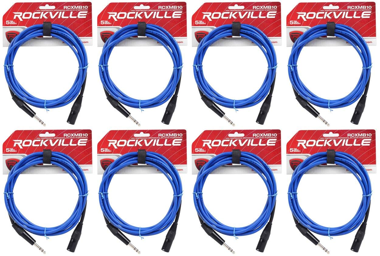 Rockville (8 RCXMB10BL 10' Male REAN XLR to 1/4'' TRS Cable Blue 100% Copper