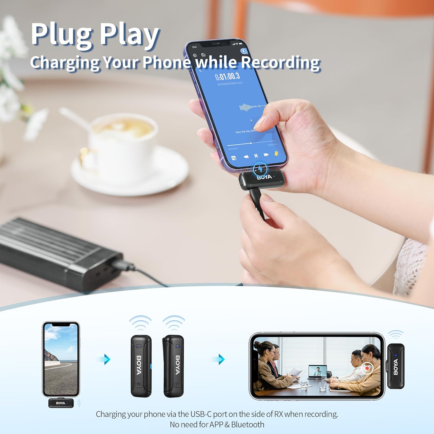 BOYA Dual Wireless Lavalier Microphone for Android iPhone15 USB Type-C Smartphone Laptop, 30H Battery, Mini Lapel Clip-on Mic for Podcast YouTube TikTok Live Stream Vlog Interview Video Recording