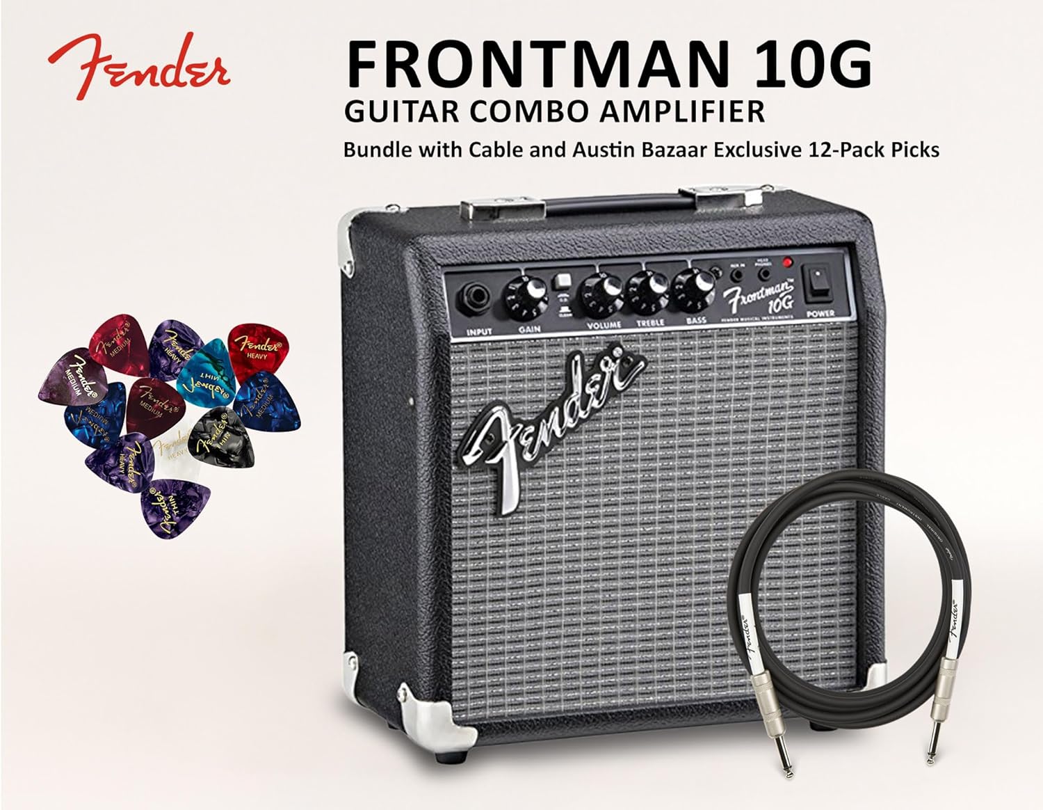 Fender Frontman 10G Guitar Combo Amplifier - Black Bundle with Cable and Austin Bazaar Exclusive 12-Pack Picks