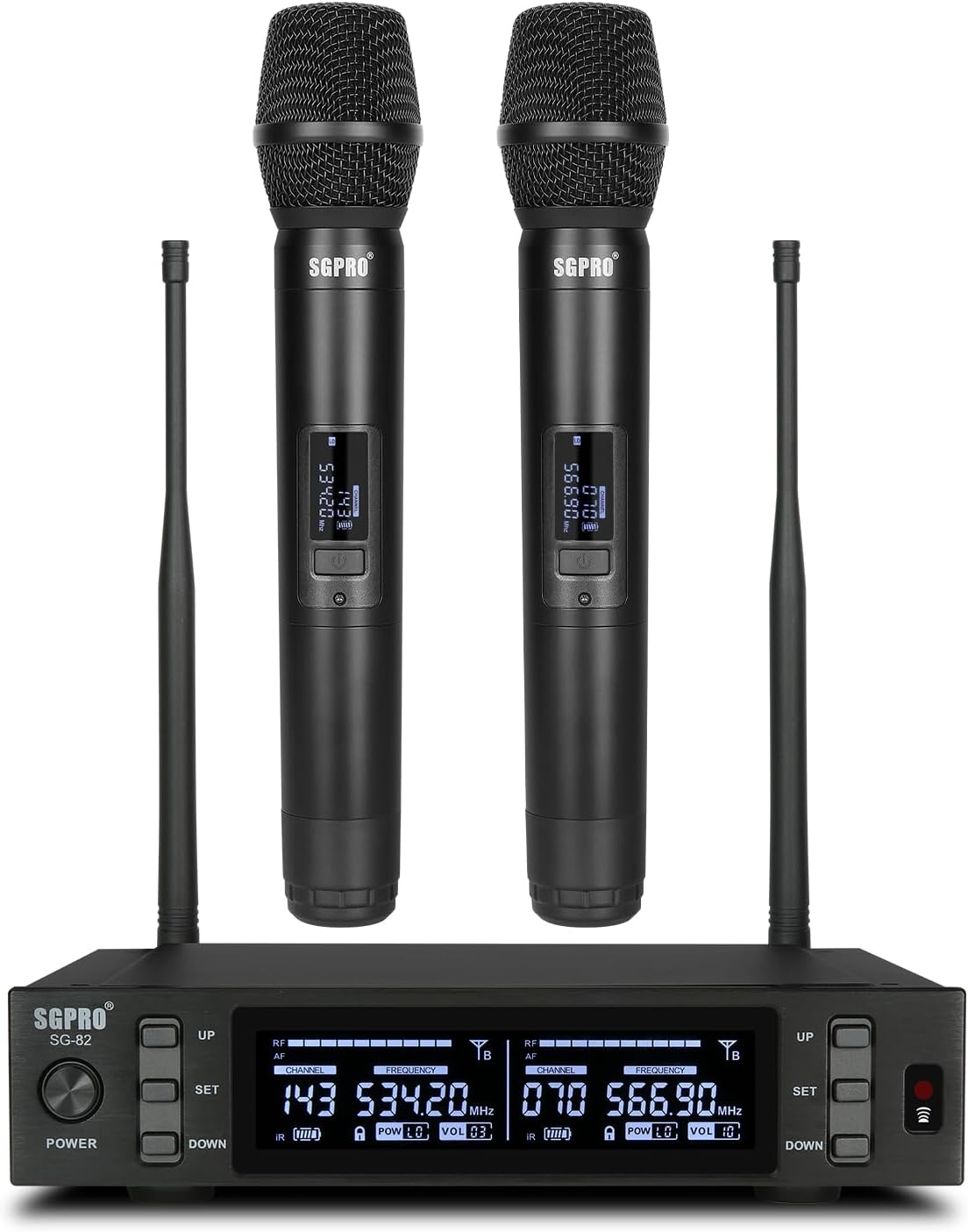 Dual Wireless Microphone System - Metal Handheld Mics & Receiver, Adjustable UHF Channels 520-590 MHz Range, Antenna Diversity, Ideal for Professional Audio and Events