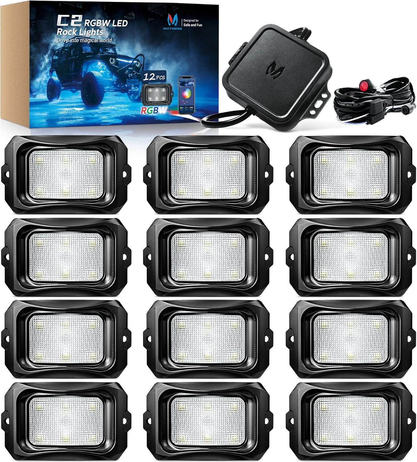 MICTUNING C2 Curved RGBW LED Rock Lights - 12 Pods Underglow Multicolor Neon Light with Wiring Switch Kit, Bluetooth Controller with APP Control