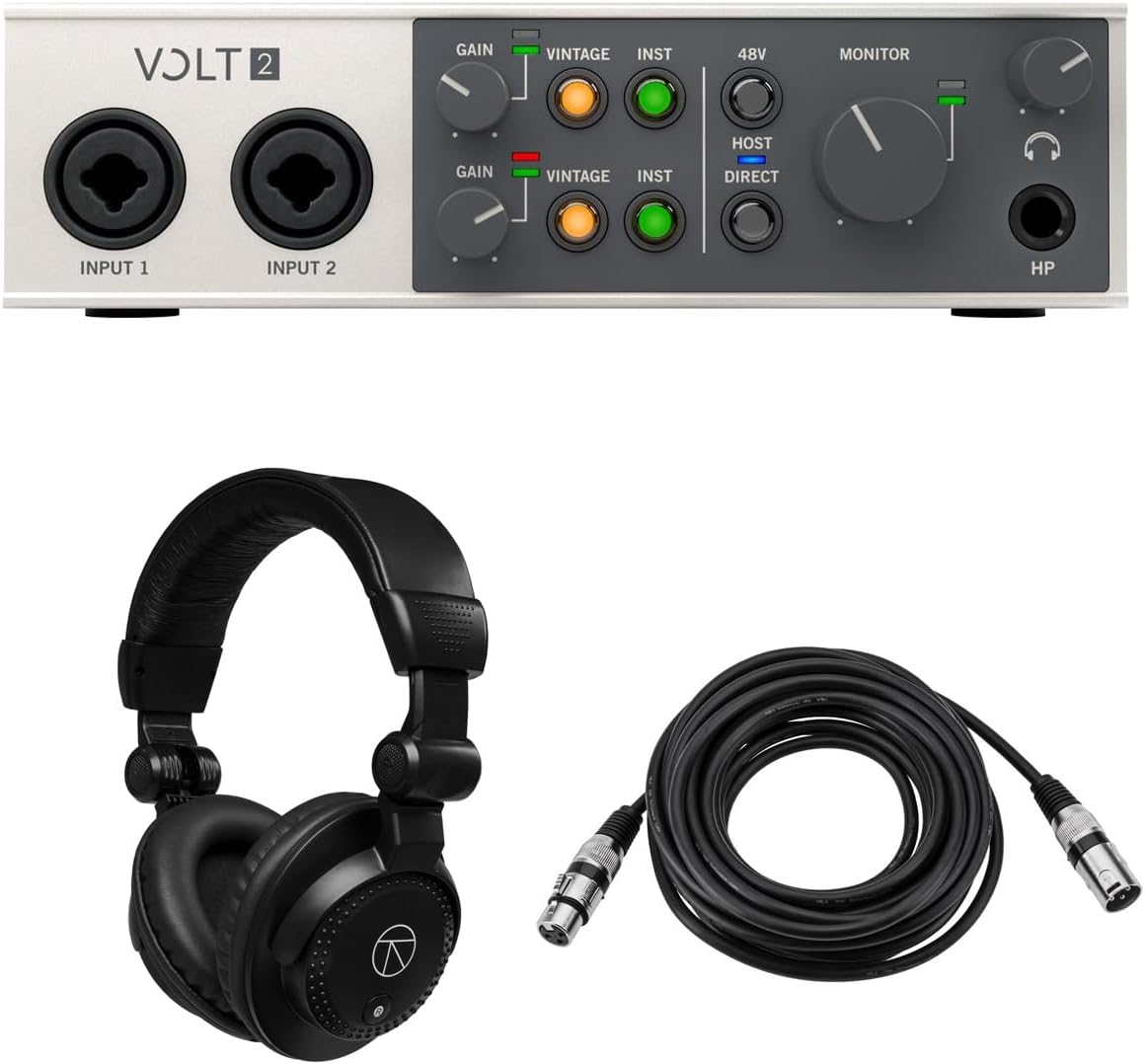 Universal Audio Volt 2 Portable 2x2 USB Type-C Audio/MIDI Interface, Bundle with TAPH100 Monitor Headphones and 25' Microphone Cable