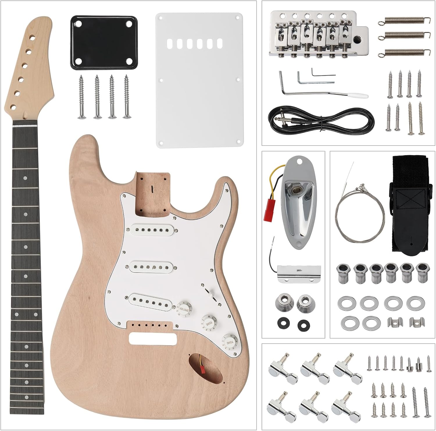 DIY ST Style Electric Guitar Kit, Full Size, Maple Neck, Rosewood Fretboard, Gig Bag, Strap, Cable, Pick, Unbranded, S-S-S Pickup Configuration, Mahogany Body, Natural wood/black/white, UBST39