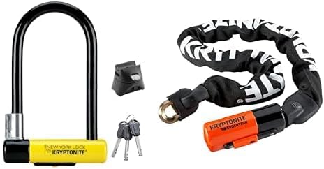Kryptonite Heavy Duty Key Lock, Black/Yellow, 4in x 8in, Anti-Theft Protection Included & Evolution Mini Bike Chain Lock, 3 Feet Long 10mm Steel Chain Heavy Duty