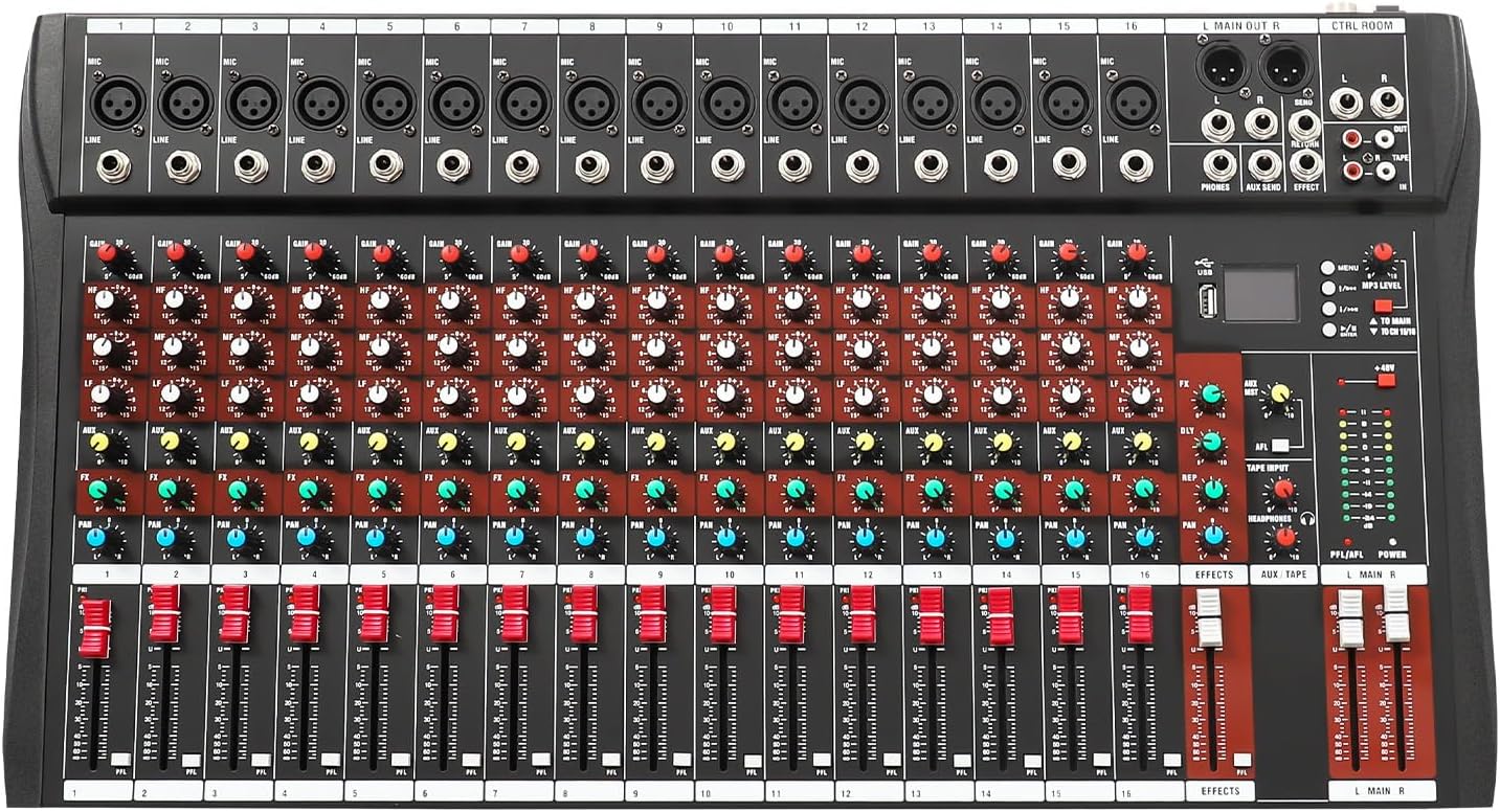 Professional 16 Channel Digital Audio Mixer Sound Board Console System, USB Interface, 48V Phantom Power, 6 Built-in Music Style for Studio, DJ, Recording & Live Streaming