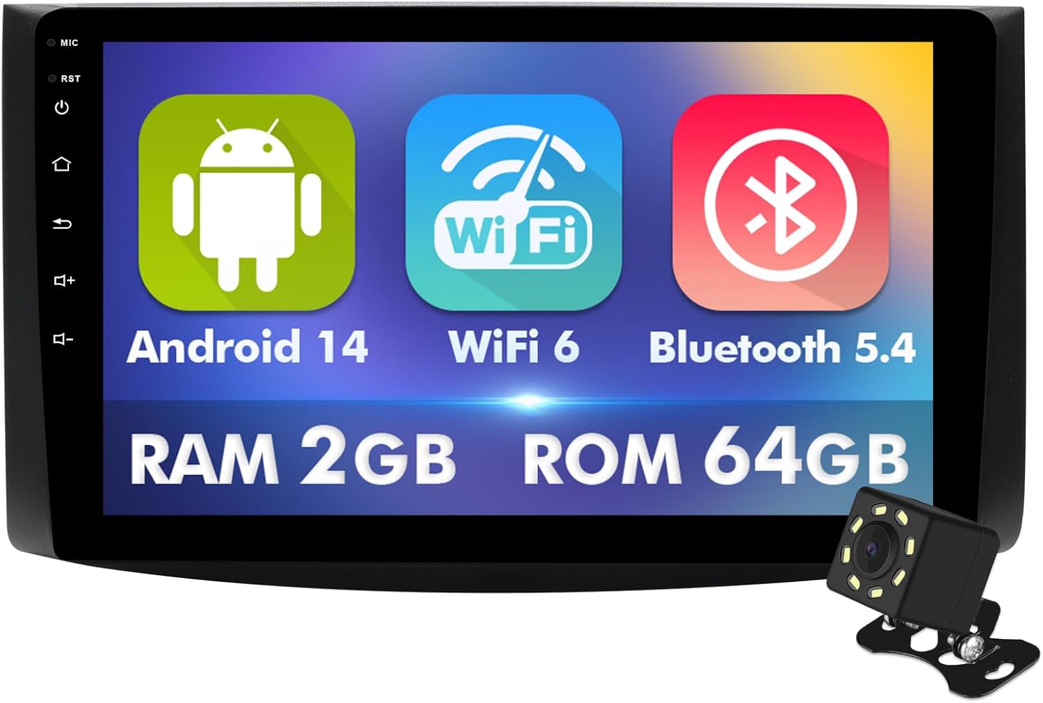 9 Inch IPS Touchscreen Android 14 Car Stereo for Chevrolet Aveo 2006-2012 with Wireless CarPlay & Android Auto 2+64GB Car Radio, Support WiFi 6, Bluetooth,5.4, Backup Camera, SWC