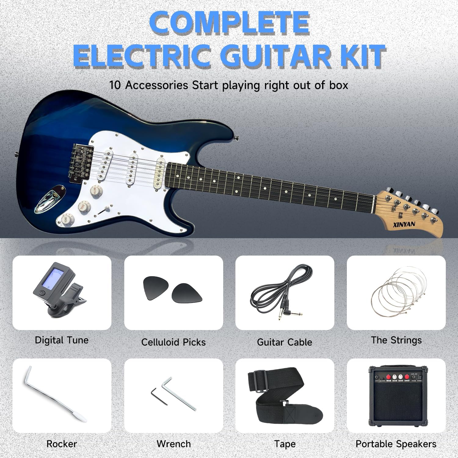 39in Full Size Beginner Electric Guitar Starter Kit w/Case, Strap, 20W Amp, Strings, Pick, Tremolo Bar (Blue Guitar)