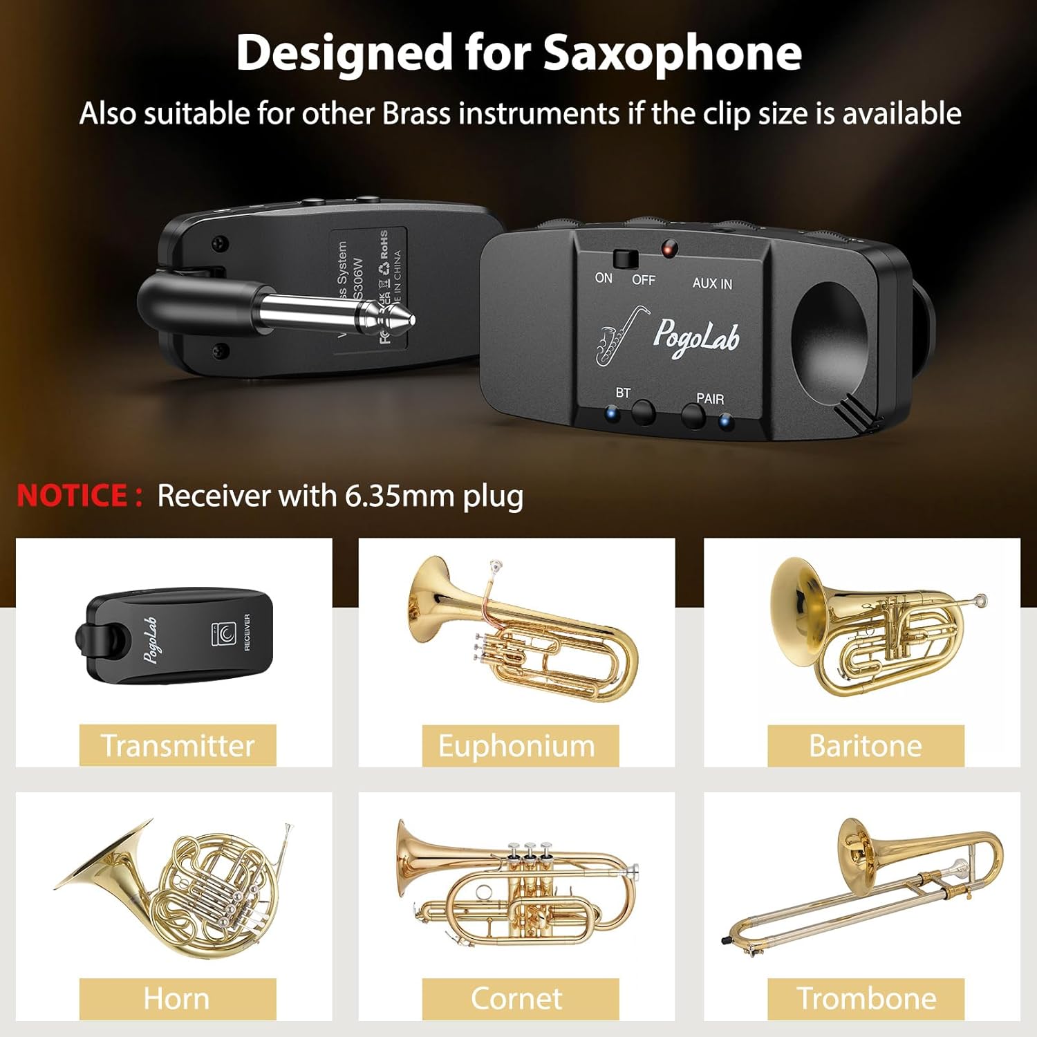 UHF Wireless Saxophone Microphone System, Rechargeable Mic Pickup System with Storage Case, 164 Feet Range, Clip-On Transmitter with Treble/Bass/Middle Adjustment, for Most Brass Instruments
