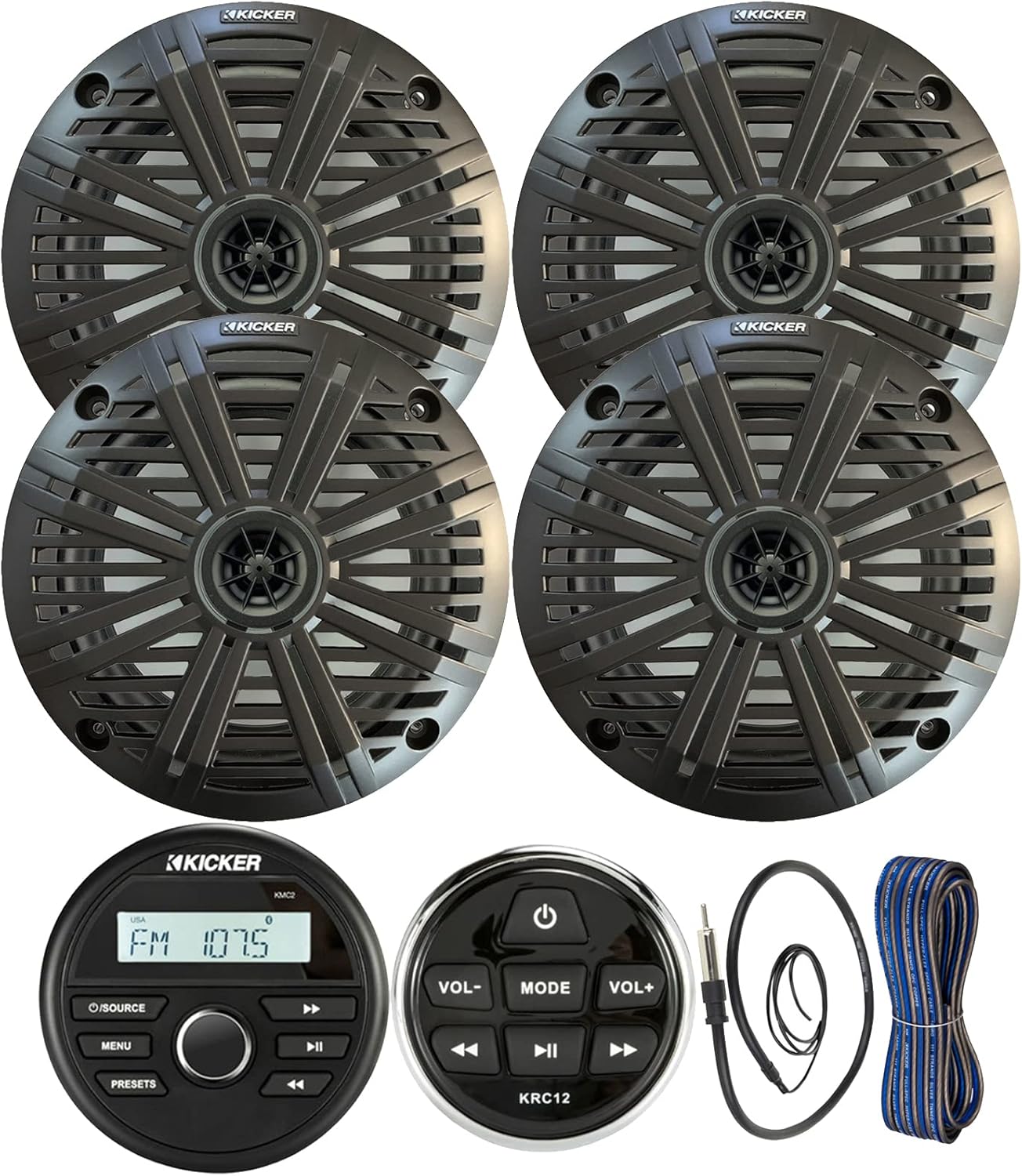 Kicker Weather-Resistant Gauge Style Bluetooth Marine Digital Media Receiver Bundle with Wired Remote, 4x 6.5