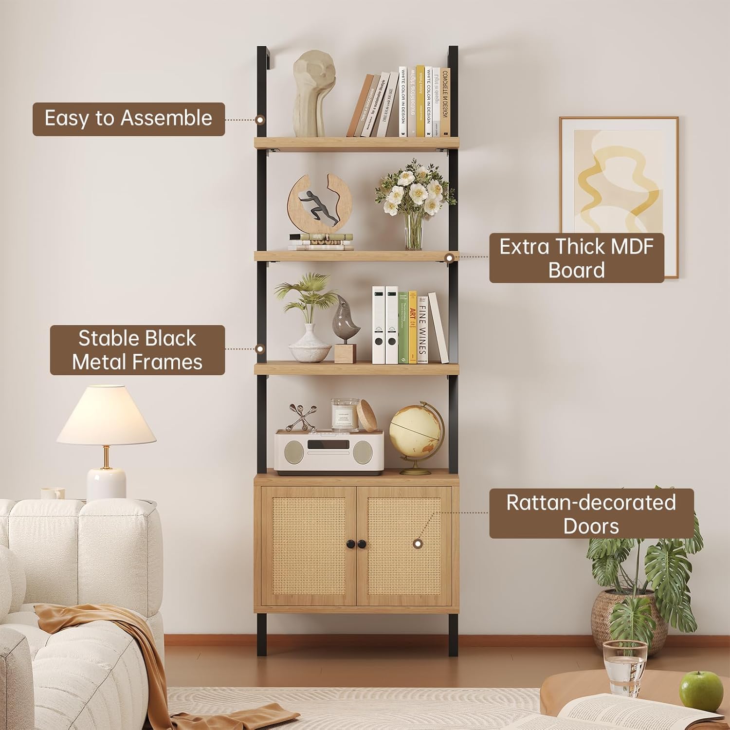 Ladder Bookshelf, 4 Tier Book Shelf with Rattan Cabinet, Wall Mount Bookshelves and Bookcases with Metal Frame, Anti Dump, Tall Bookcase for Living Room, Home Office, Bedroom Oak
