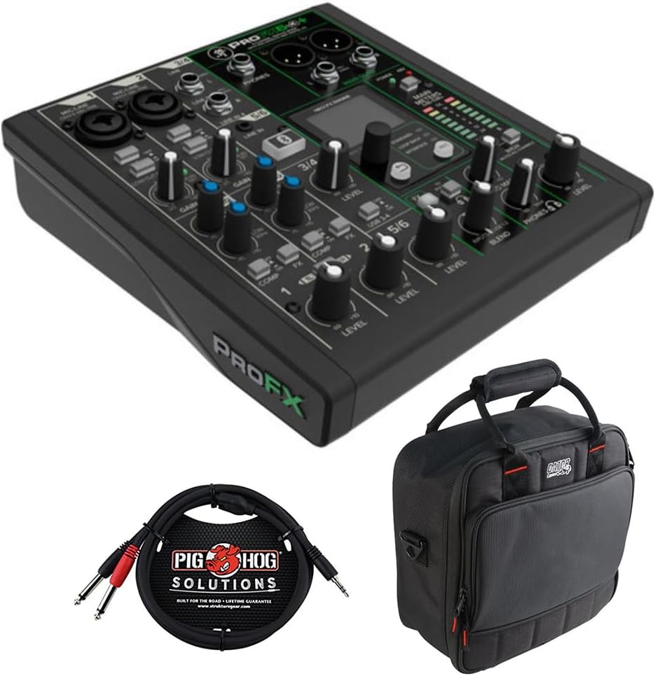 Mackie ProFX6v3+ 6-Channel Analog Mixer with Built-In FX, USB Recording, and Bluetooth Bundle with G-MIXERBAG-1212 Padded Nylon Mixer Bag and Stereo Breakout Cable 10'