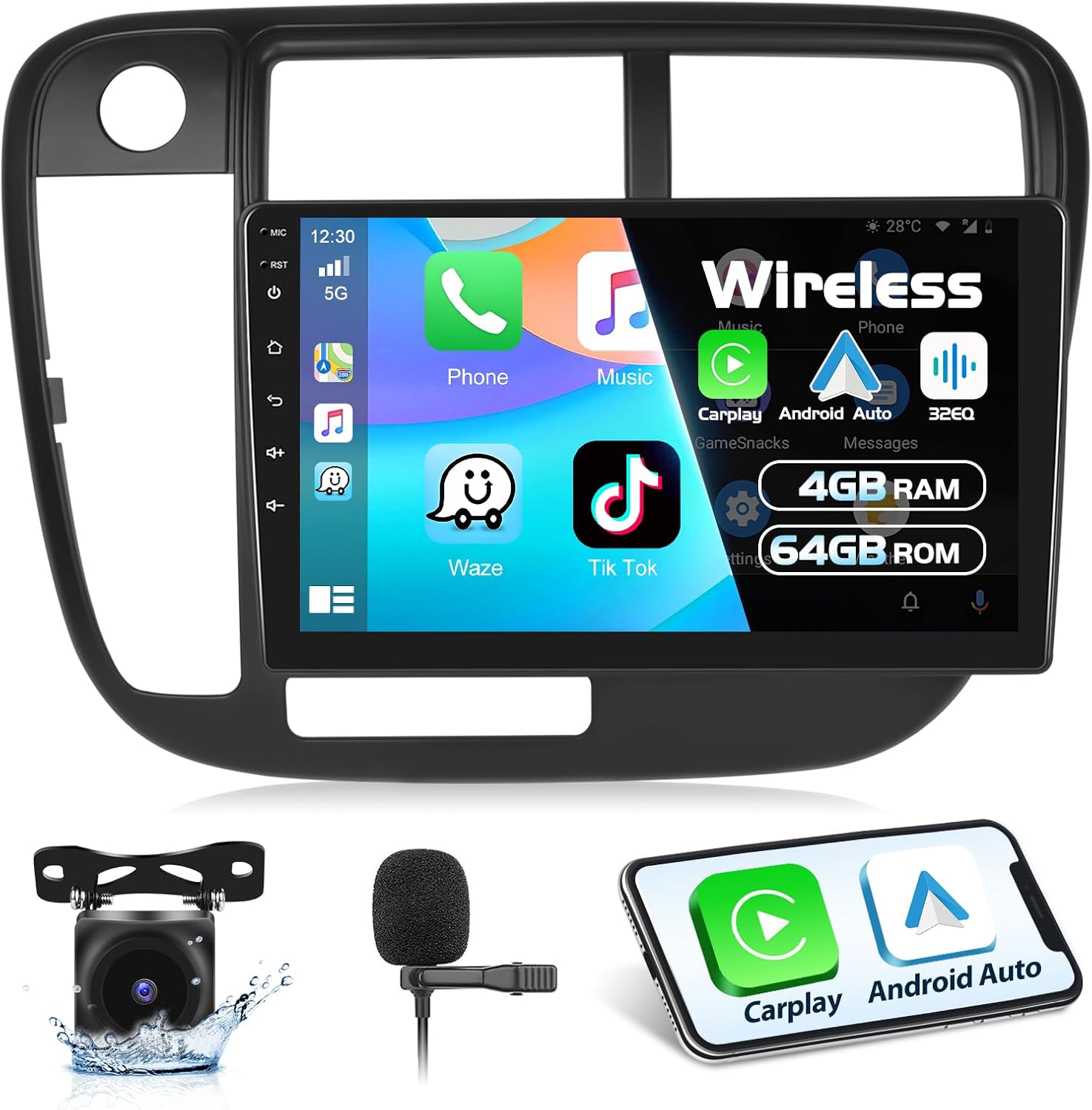 Podofo [4+64G] 8 Core Car Stereo Radio for Honda Civic 1996-2001 with Wireless CarPlay Android Auto 9