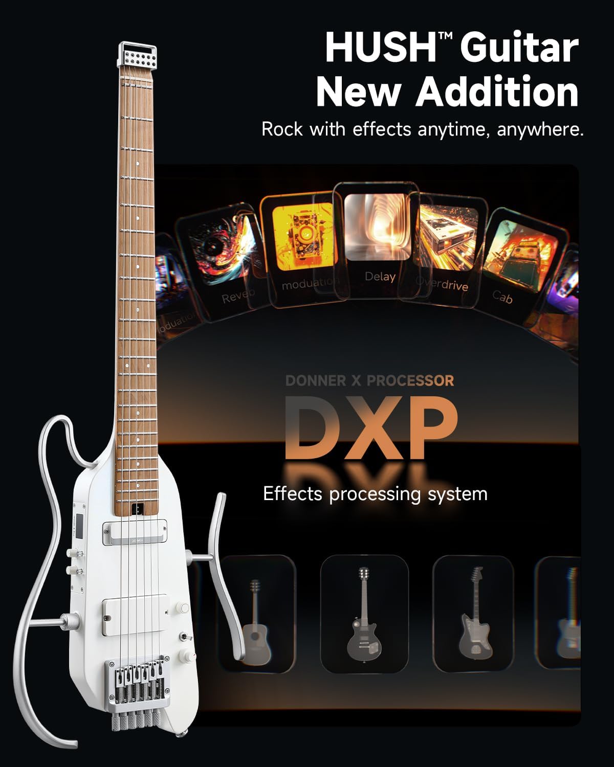 Donner HUSH X PRO Electric Guitar Kit - Smart Travel Guitar with Dozens of Preset Combinations, 7 Tone Sim Options, Metallic White and DA-10 Guitar Amp