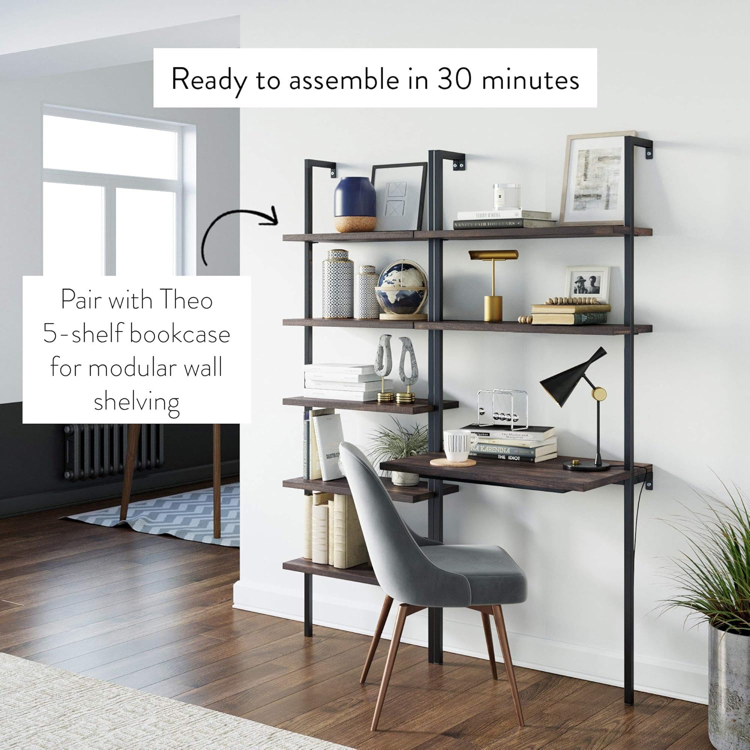 Nathan James Theo 2-Shelf Industrial Wall Mount Ladder Table, Small Computer or Writing Desk, Nutmeg/Matte Black