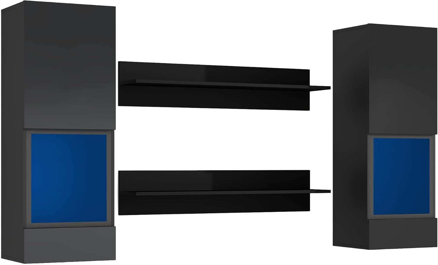 4 PCs Modern High Gloss Wall Mount Floating Entertainment Center with 16-Color RGB Lights, 2 Media Storage Cabinets and 2 Shelves for Living Room, Home Theater