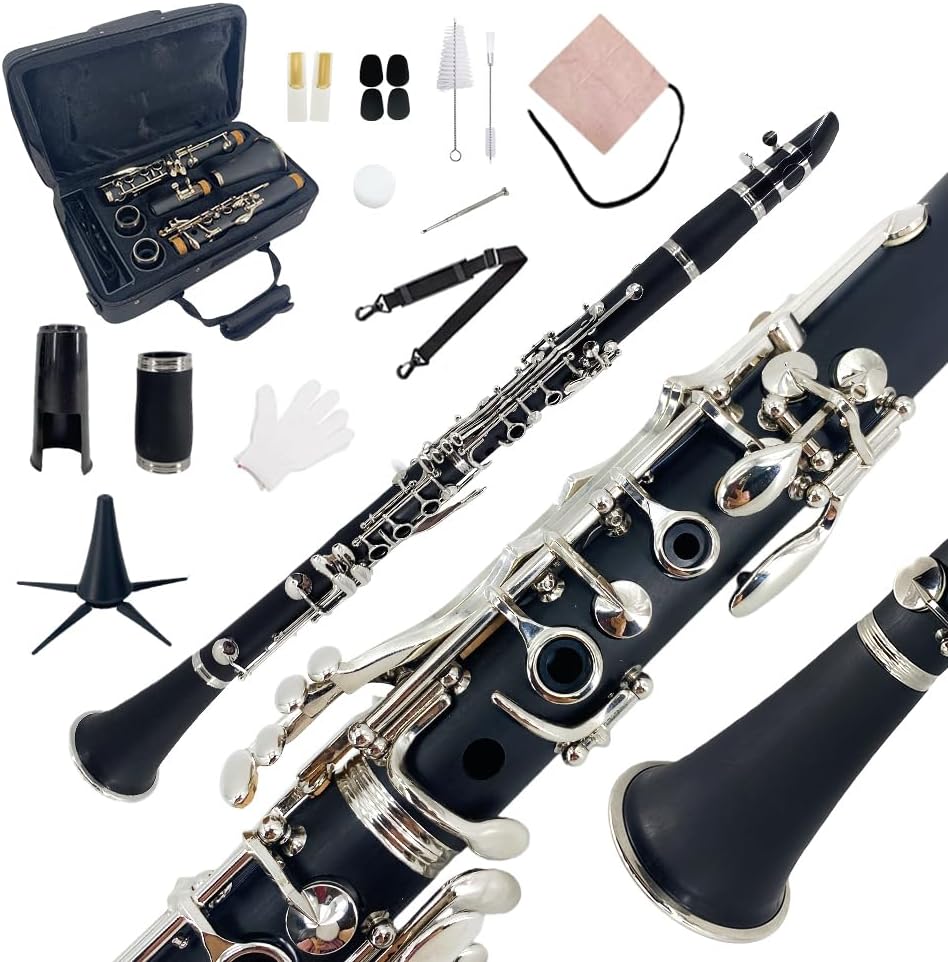 Bb Flat Clarinet for Beginner, Ebonite 17 Keys Clarinet - Includes reeds, mouthpiece, cork grease, gloves, cleaning cloth, hard case, stand. Suitable for Woodwind Instruments Students