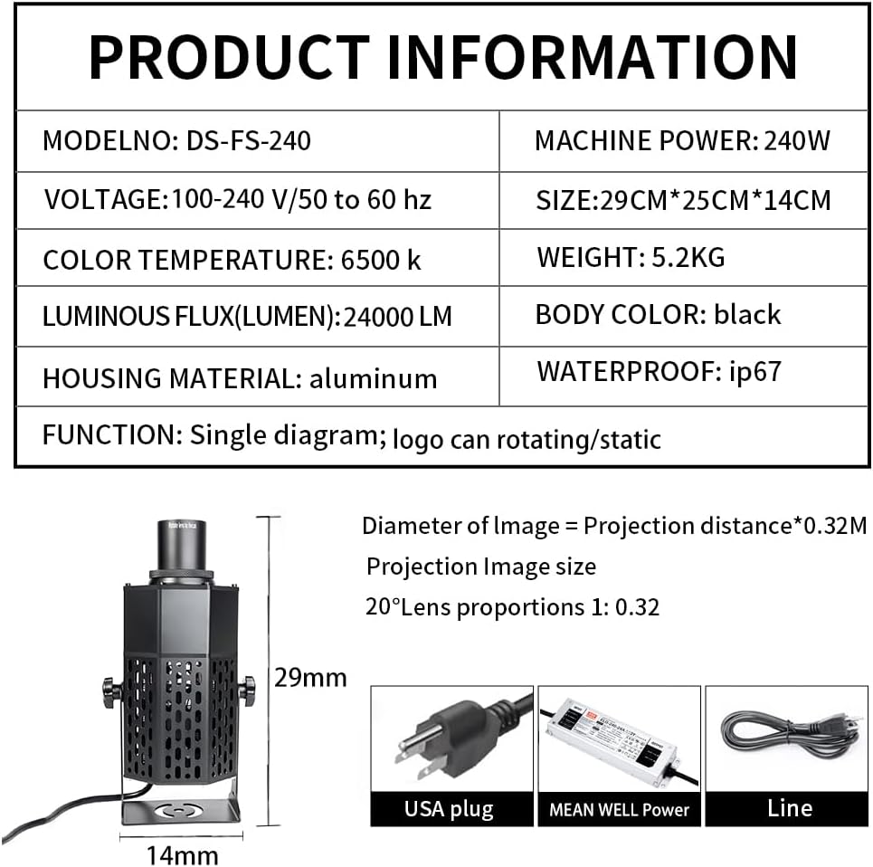 240W LED Logo GOBO Projector Ip67 Waterproof DJ Effect Light Including Free Custom Glass GOBO to Project Image for Business Hotel Company Store Wedding Advertising Indoor and Outdoor Use