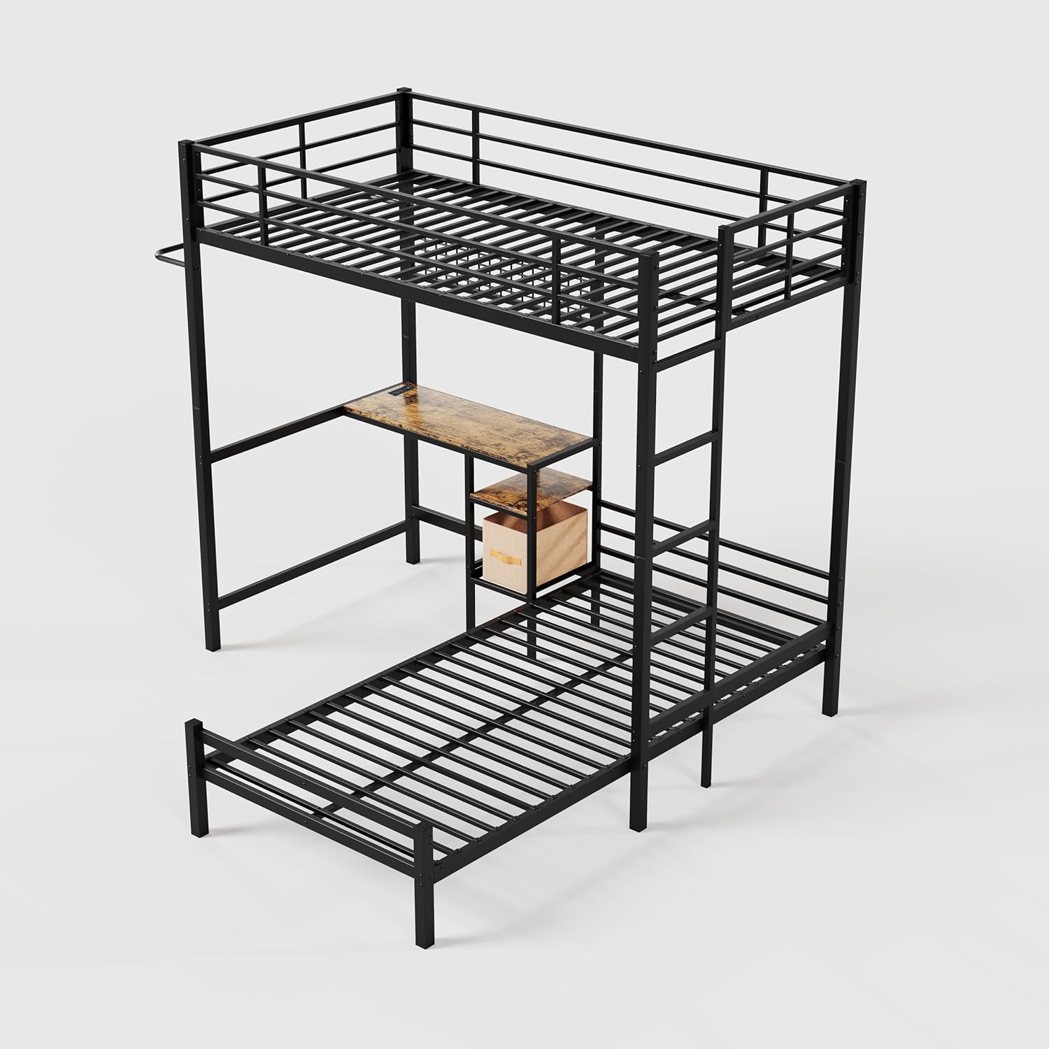 Bellemave Twin Over Twin bunk Bed with Desk and LED Charging Station, loft Bed with Desk and Shelves Drawer, Twin Over Twin Metal Bunk Beds with Storage, Black